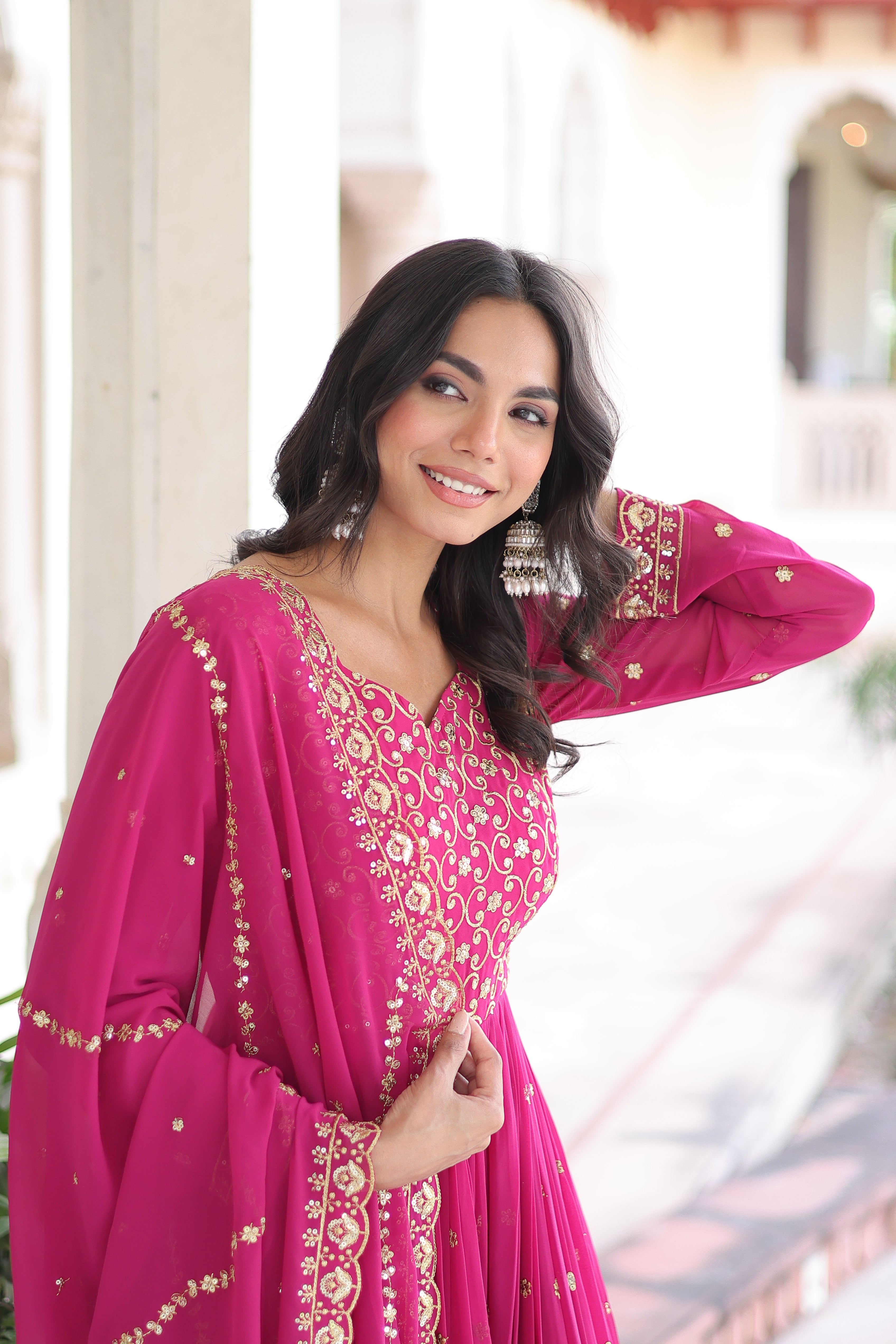 Aarini Pink Color Faux Georgette Sequins Zari Embroidered Gown with Dupatta