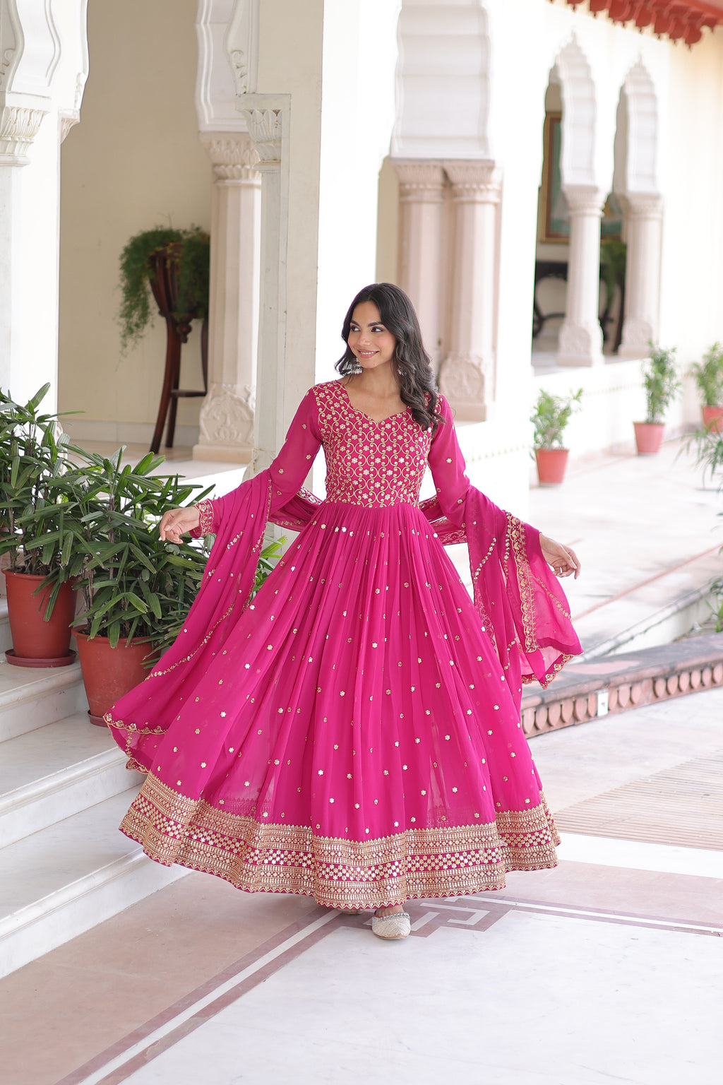 Aarini Pink Color Faux Georgette Sequins Zari Embroidered Gown with Dupatta