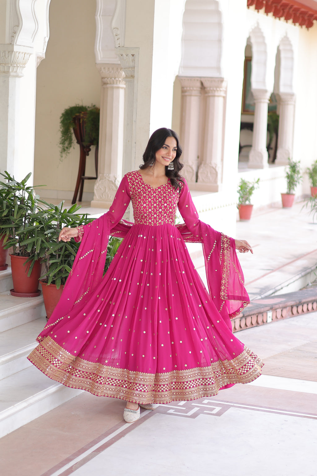 Aarini Pink Color Faux Georgette Sequins Zari Embroidered Gown with Dupatta