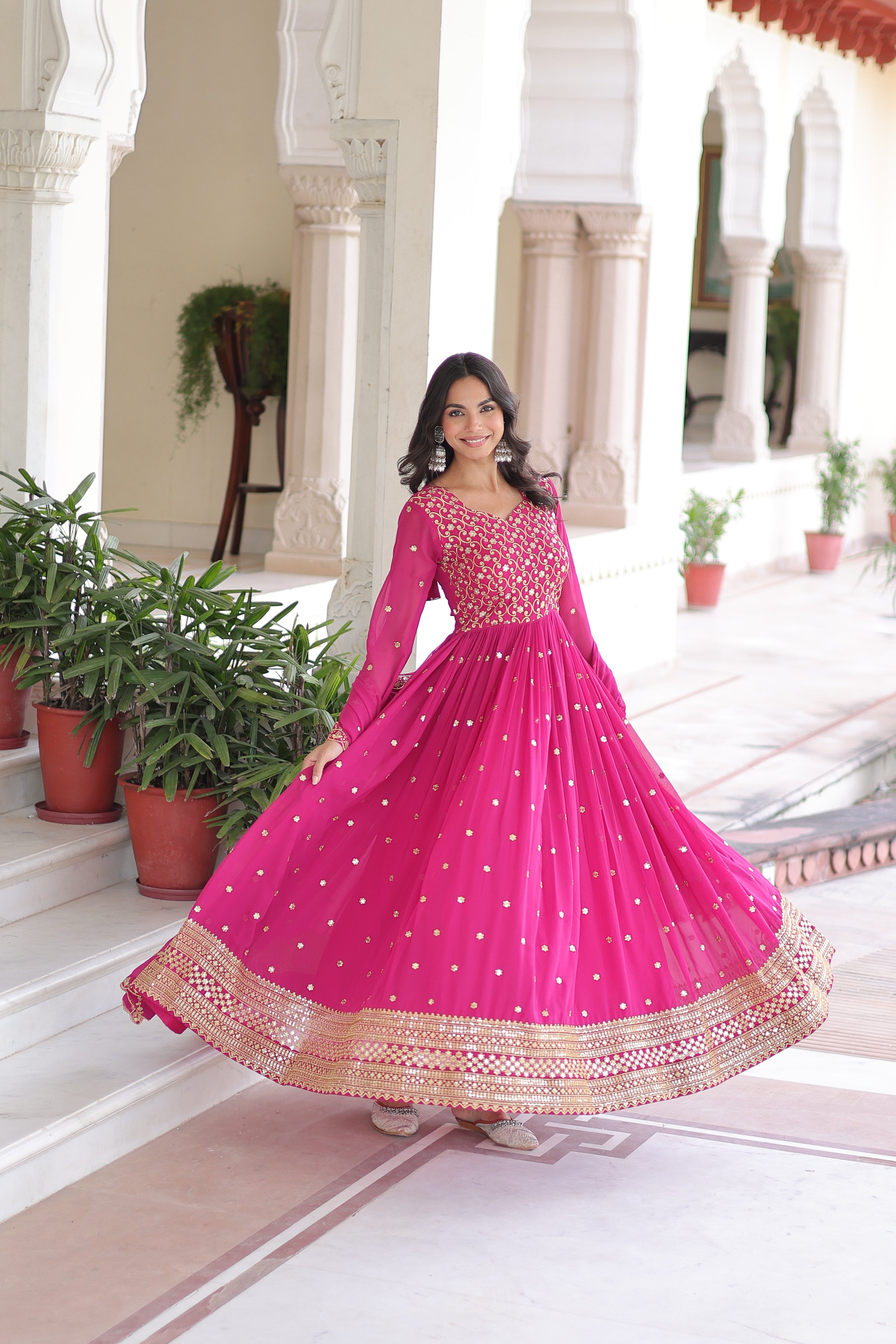 Aarini Pink Color Faux Georgette Sequins Zari Embroidered Gown with Dupatta