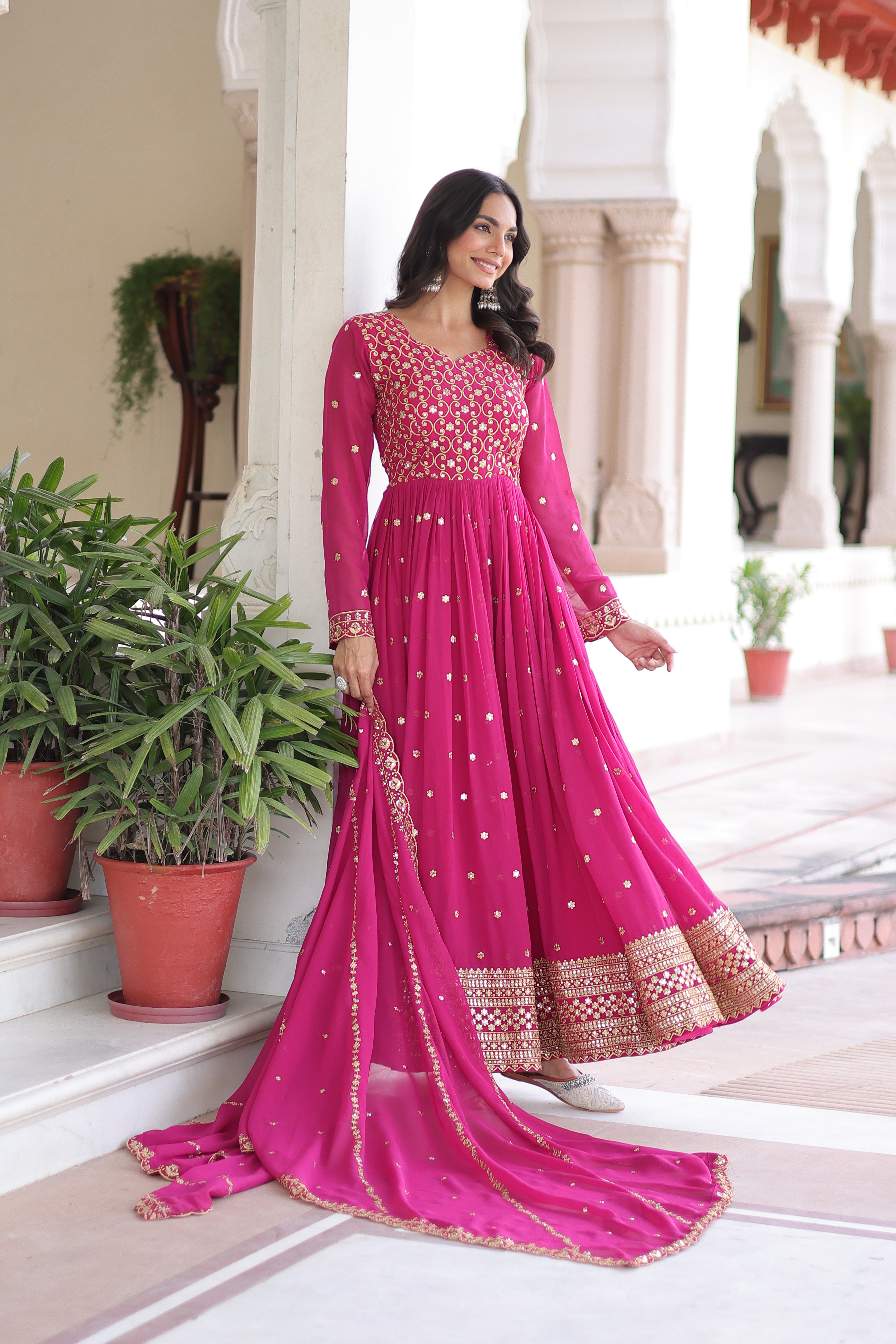 Aarini Pink Color Faux Georgette Sequins Zari Embroidered Gown with Dupatta