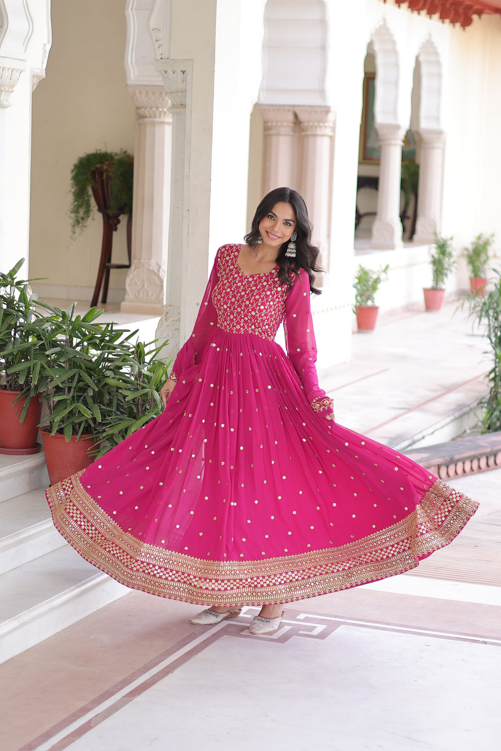 Aarini Pink Color Faux Georgette Sequins Zari Embroidered Gown with Dupatta