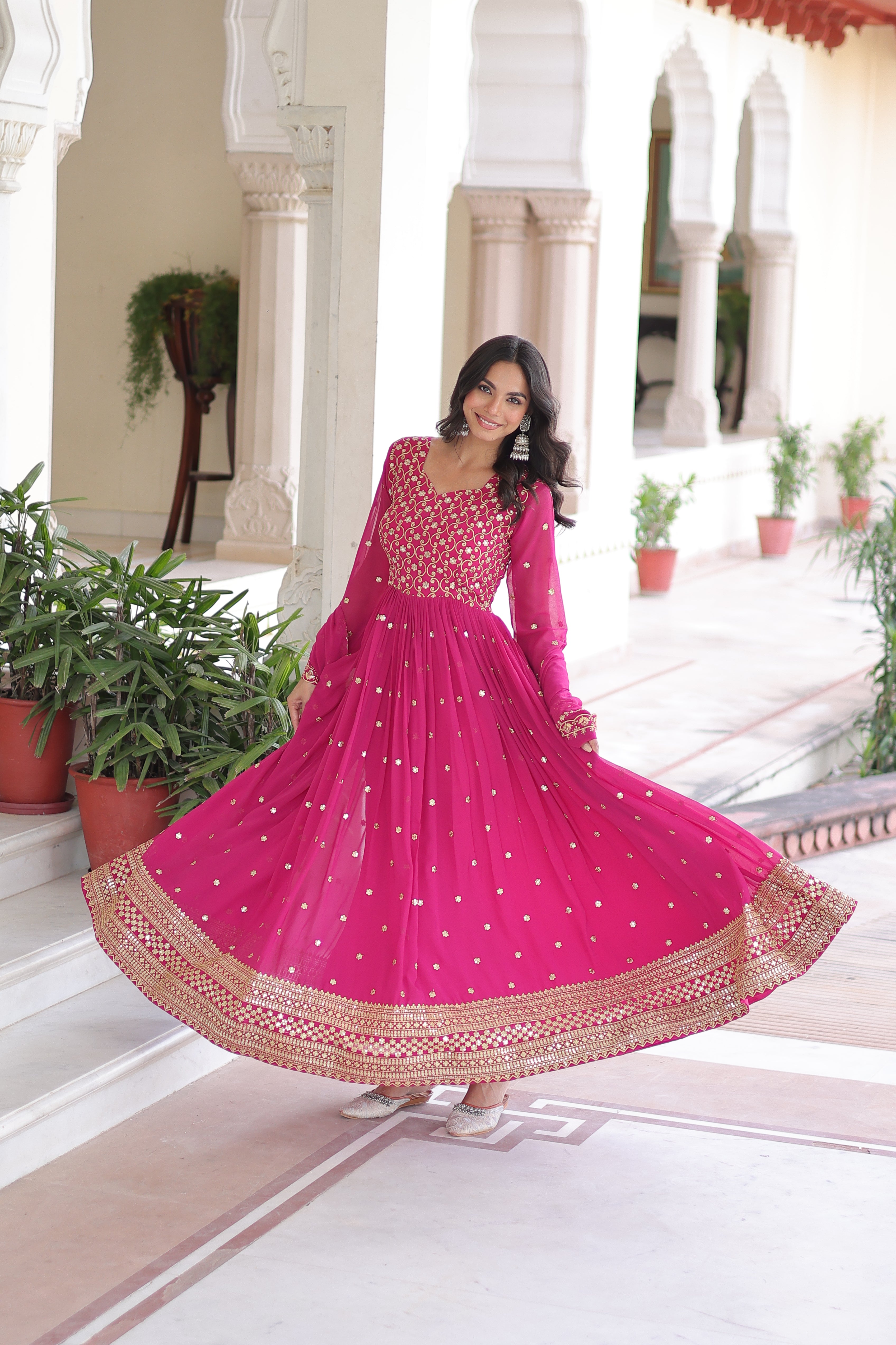 Aarini Pink Color Faux Georgette Sequins Zari Embroidered Gown with Dupatta