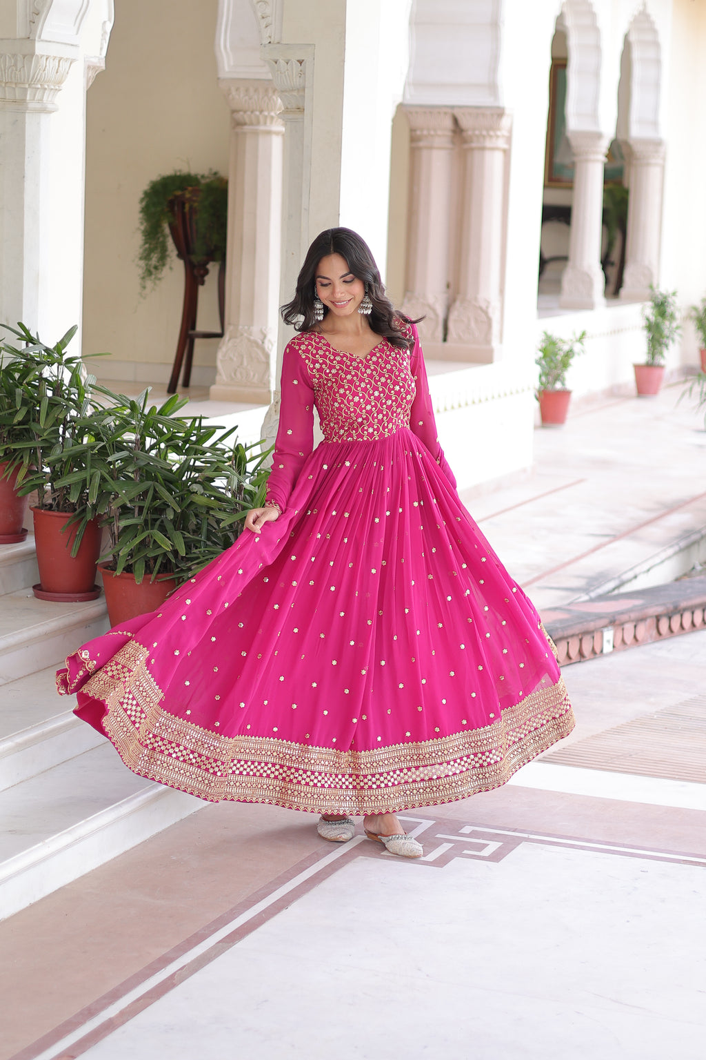 Aarini Pink Color Faux Georgette Sequins Zari Embroidered Gown with Dupatta