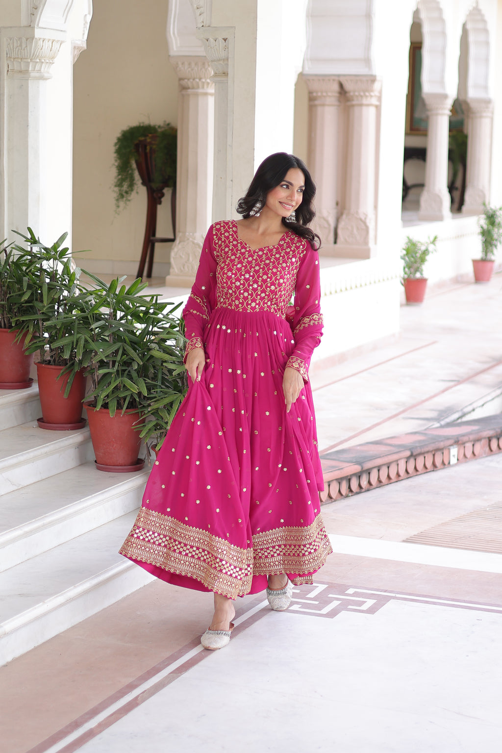 Aarini Pink Color Faux Georgette Sequins Zari Embroidered Gown with Dupatta