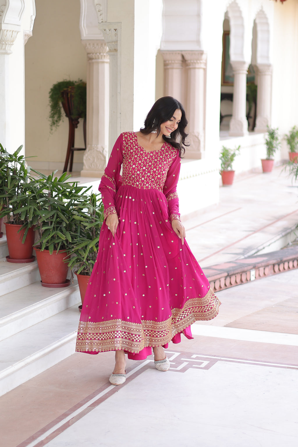 Aarini Pink Color Faux Georgette Sequins Zari Embroidered Gown with Dupatta