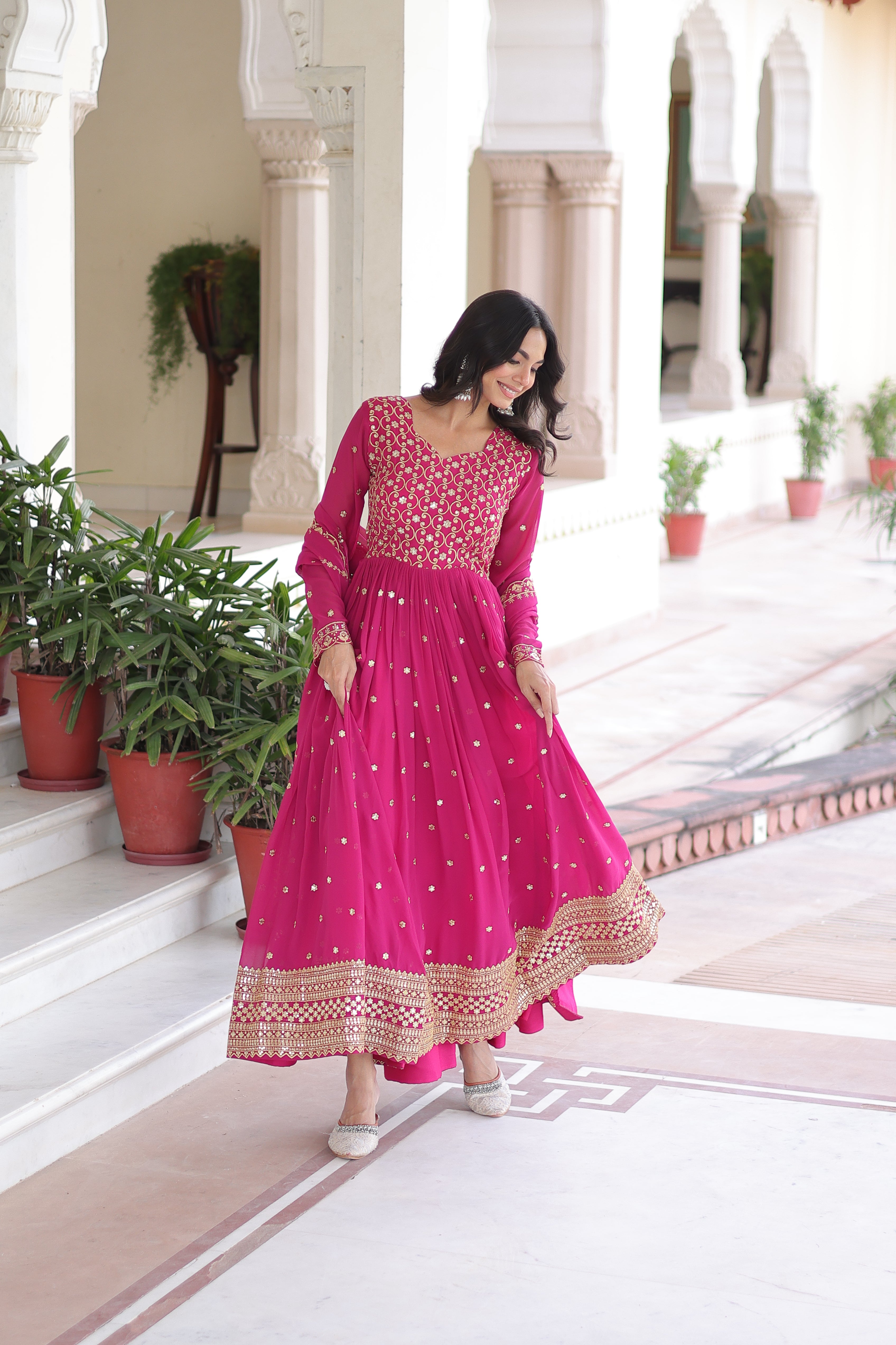 Aarini Pink Color Faux Georgette Sequins Zari Embroidered Gown with Dupatta