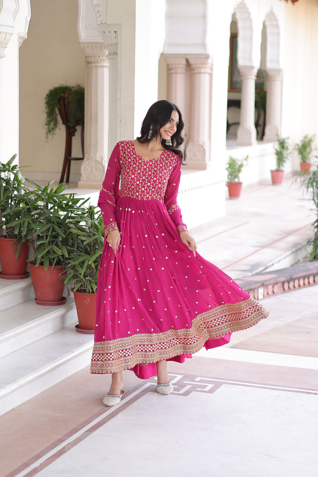 Aarini Pink Color Faux Georgette Sequins Zari Embroidered Gown with Dupatta