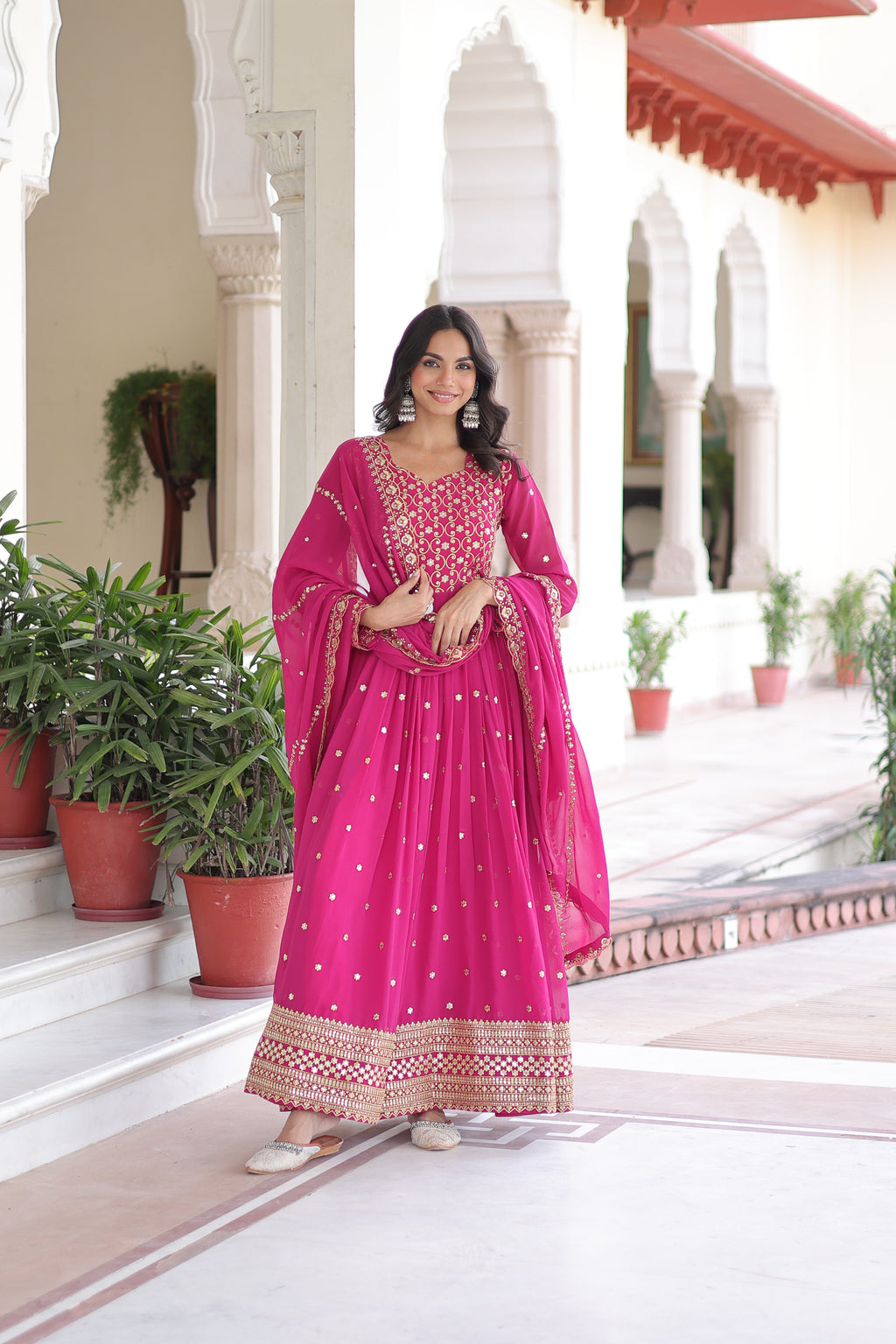 Aarini Pink Color Faux Georgette Sequins Zari Embroidered Gown with Dupatta