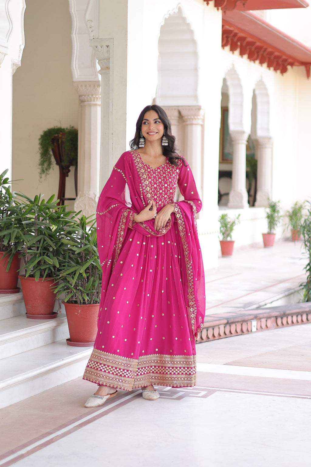 Aarini Pink Color Faux Georgette Sequins Zari Embroidered Gown with Dupatta
