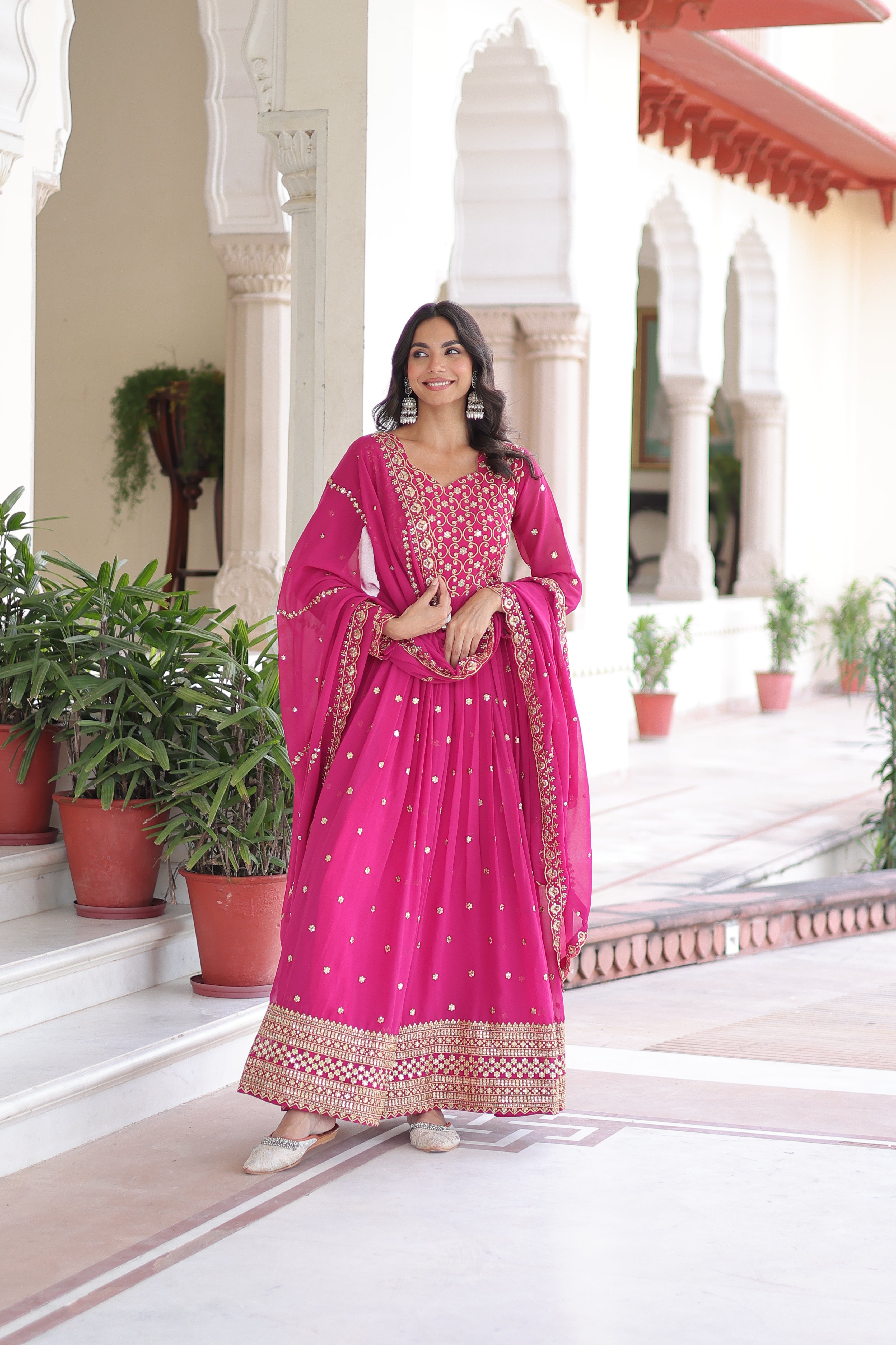 Aarini Pink Color Faux Georgette Sequins Zari Embroidered Gown with Dupatta