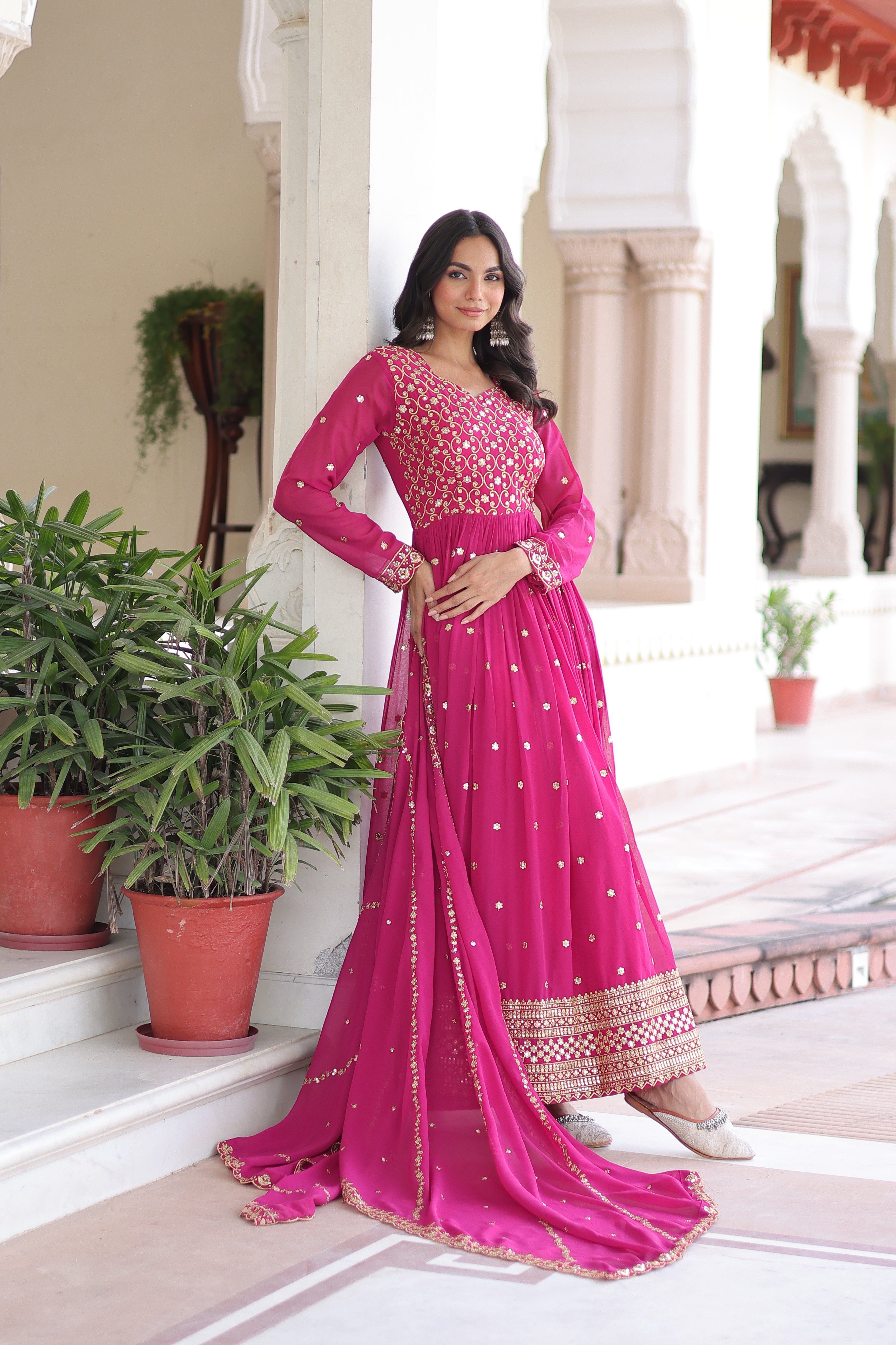 Aarini Pink Color Faux Georgette Sequins Zari Embroidered Gown with Dupatta