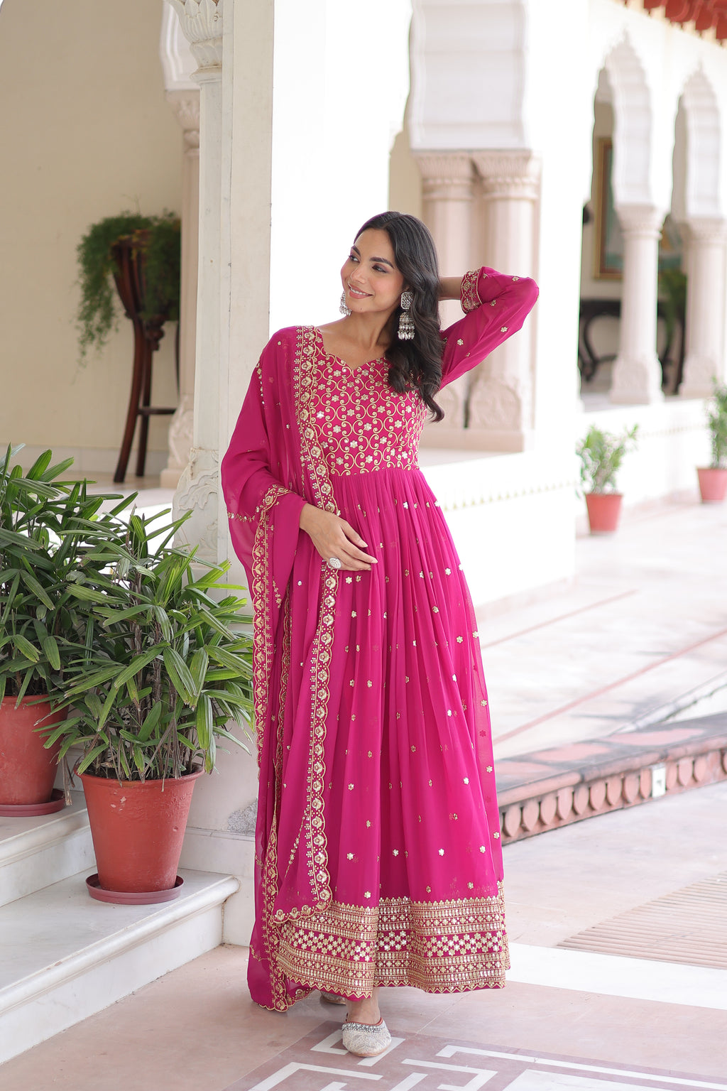 Aarini Pink Color Faux Georgette Sequins Zari Embroidered Gown with Dupatta