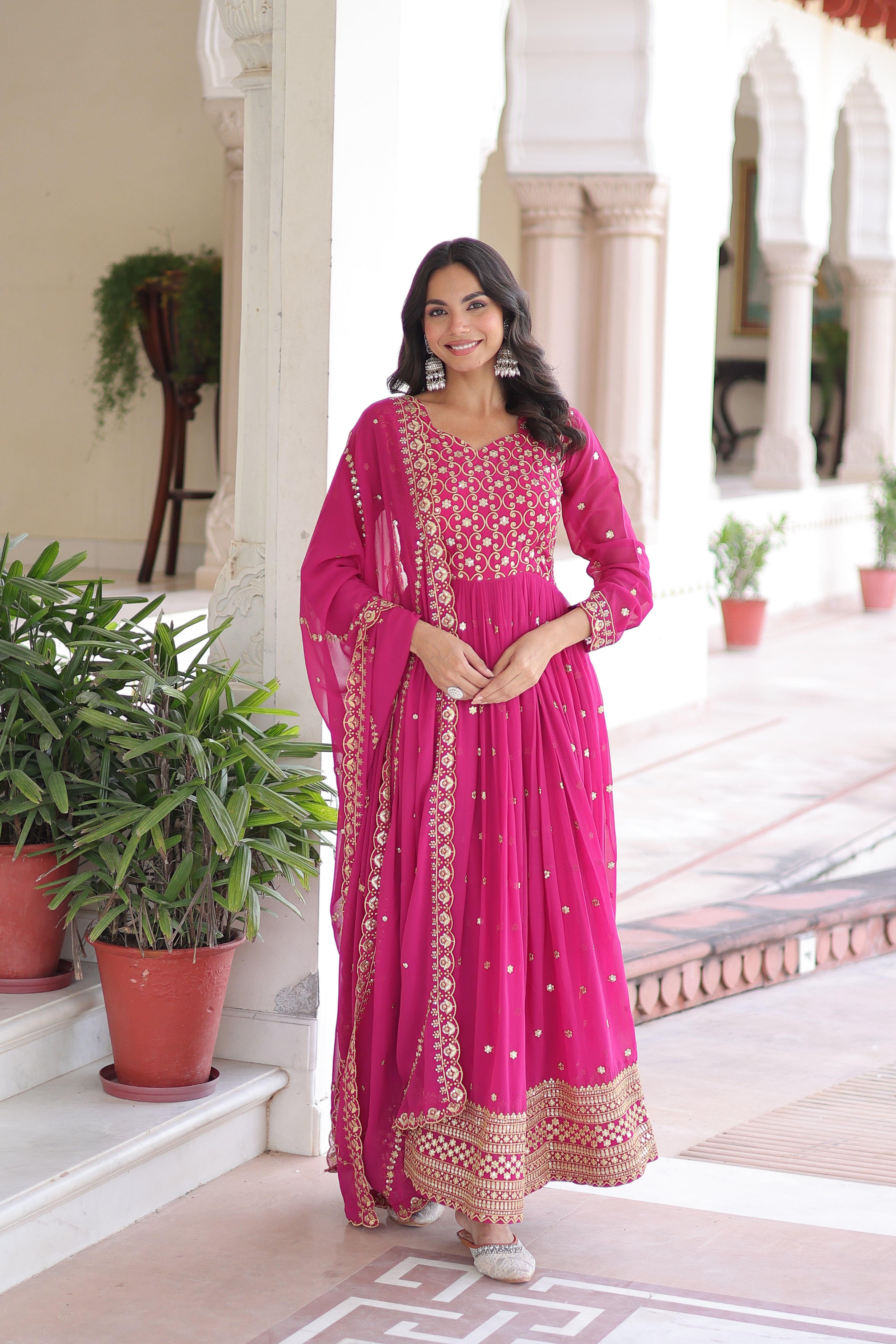 Aarini Pink Color Faux Georgette Sequins Zari Embroidered Gown with Dupatta