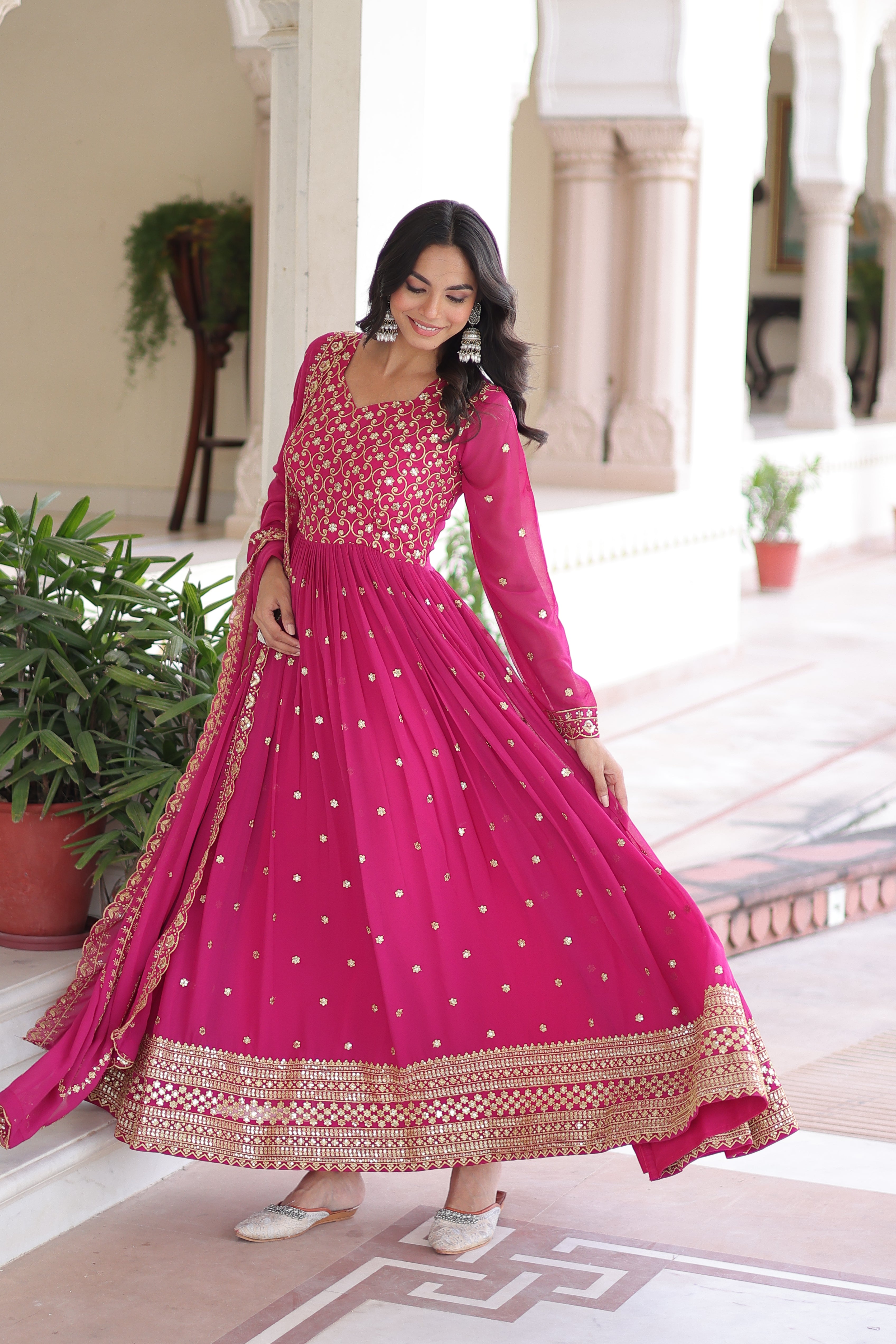 Aarini Pink Color Faux Georgette Sequins Zari Embroidered Gown with Dupatta