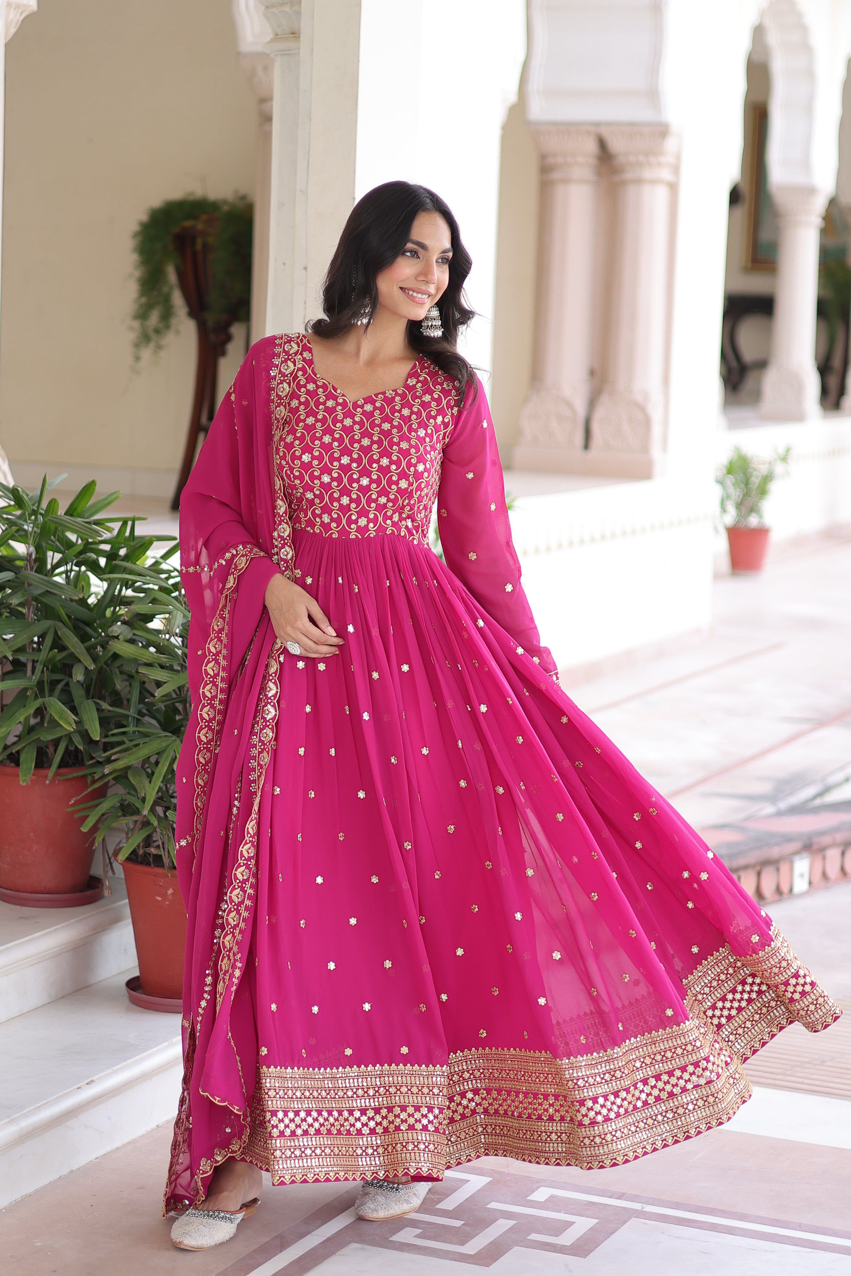 Aarini Pink Color Faux Georgette Sequins Zari Embroidered Gown with Dupatta