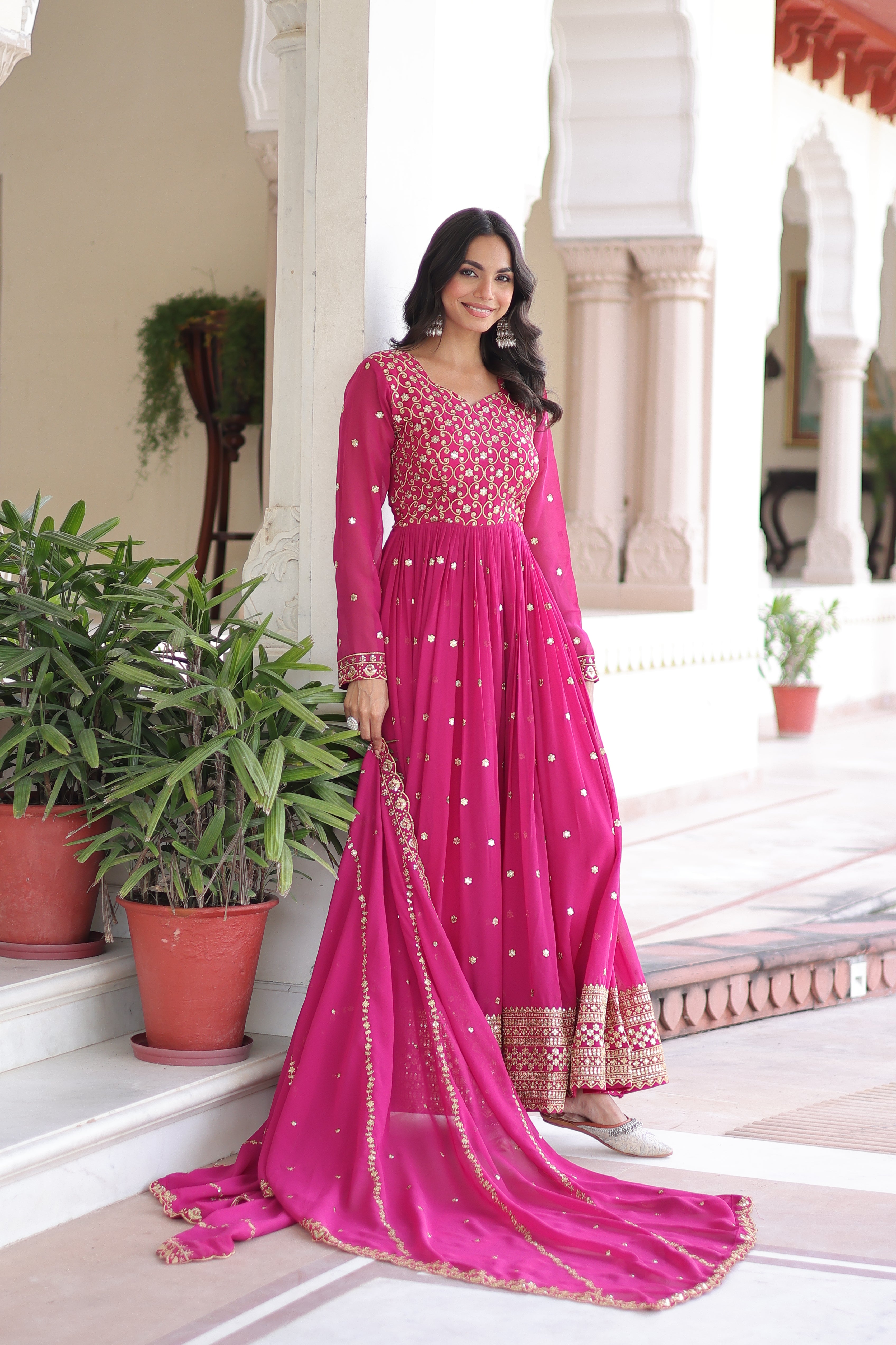 Aarini Pink Color Faux Georgette Sequins Zari Embroidered Gown with Dupatta