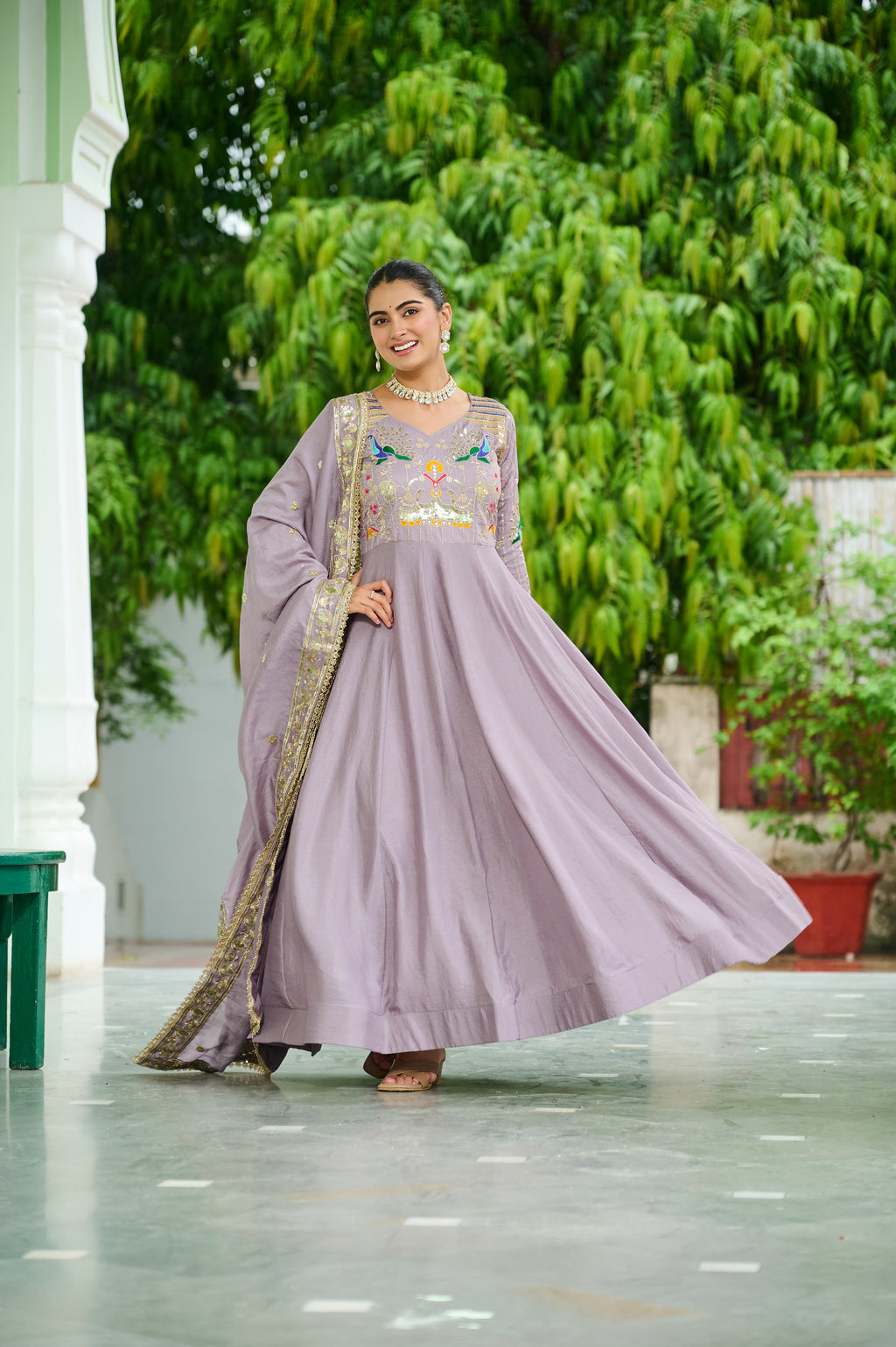 Ruvani Onion Pink Vichitra Silk Sequins Multi Thread Zari Embroidered Gown with Dupatta