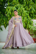 Ruvani Onion Pink Vichitra Silk Sequins Multi Thread Zari Embroidered Gown with Dupatta
