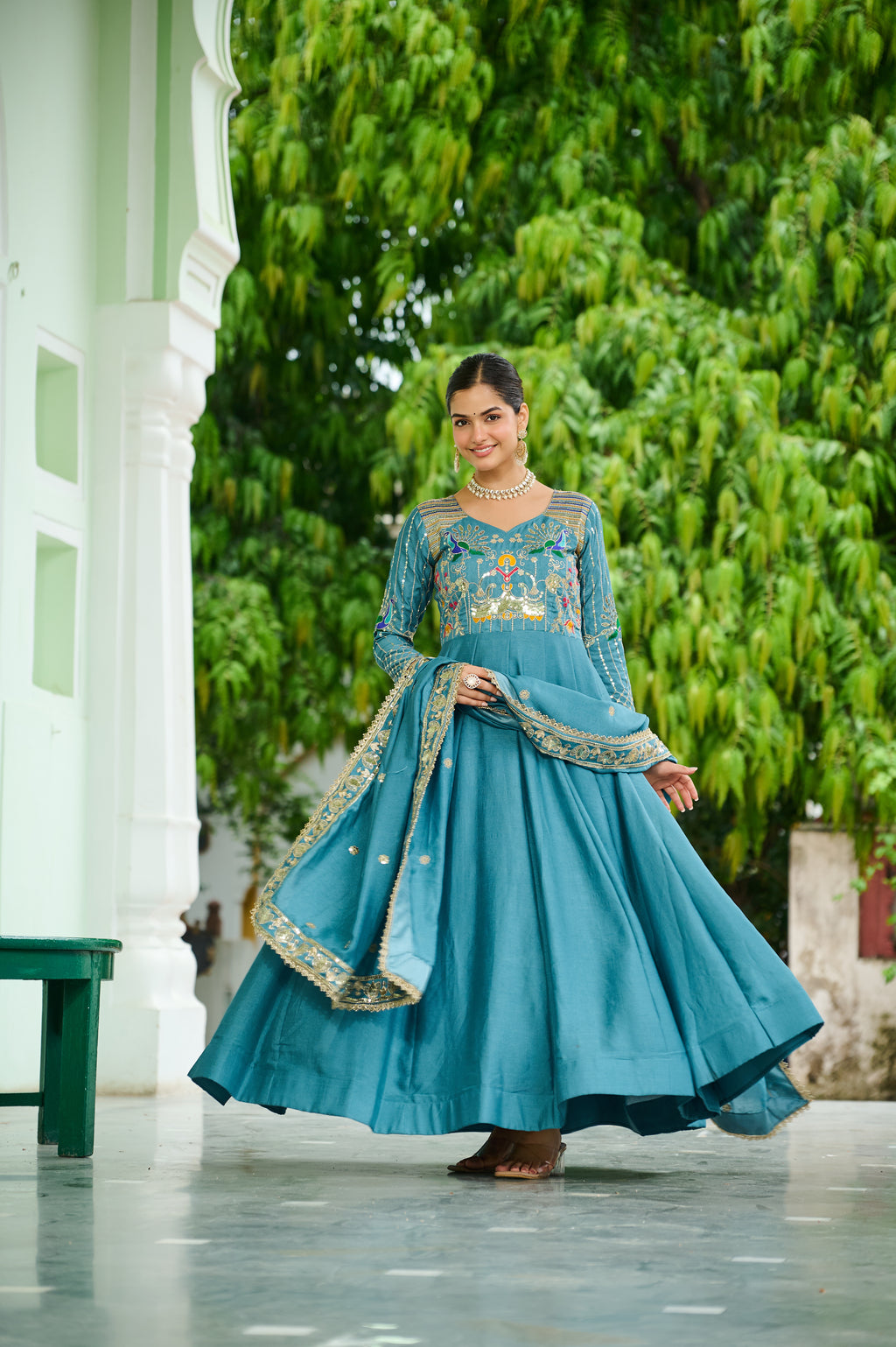 Ruvani Sky Blue Vichitra Silk Sequins Multi Thread Zari Embroidered Gown with Dupatta