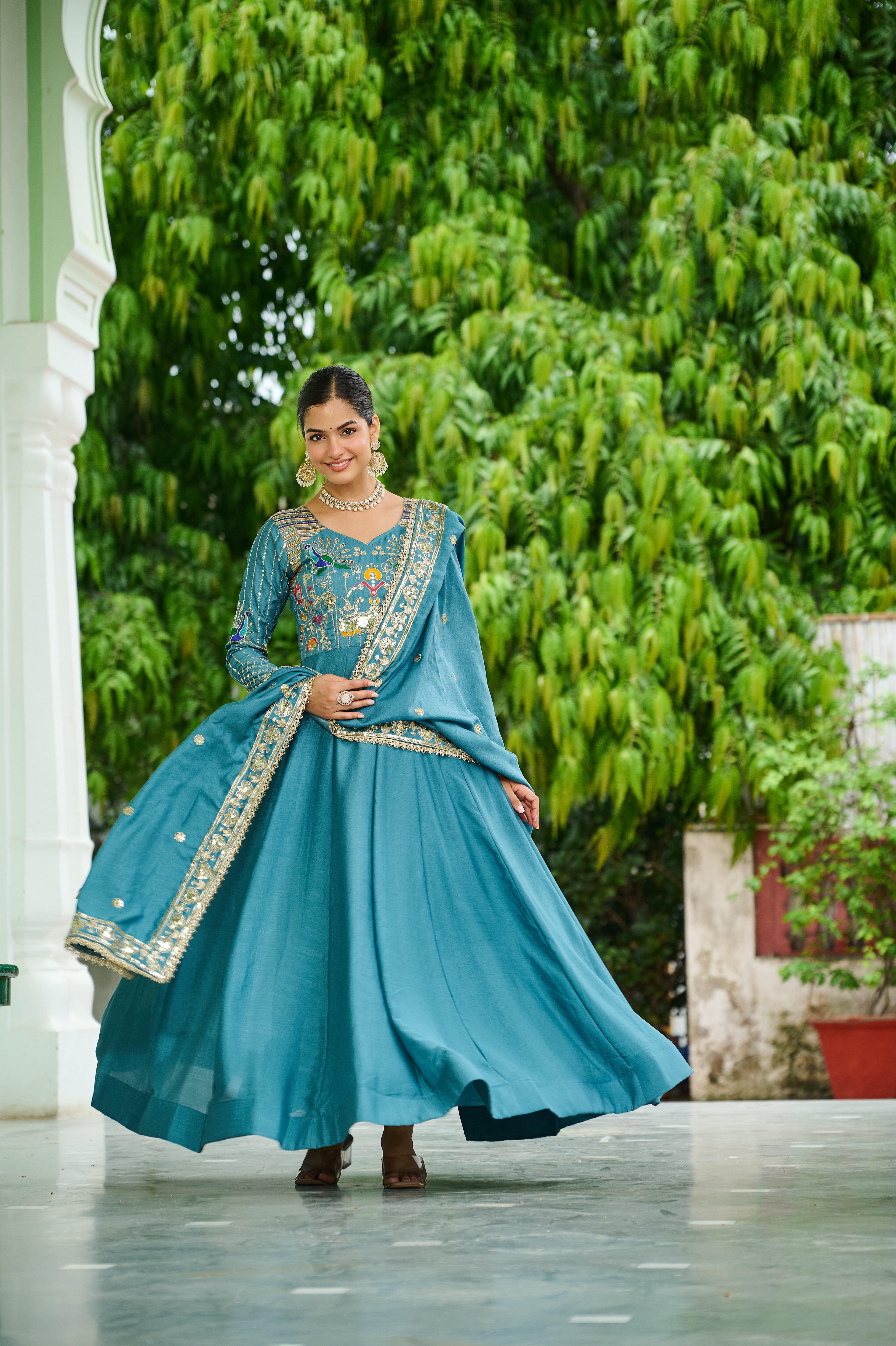 Ruvani Sky Blue Vichitra Silk Sequins Multi Thread Zari Embroidered Gown with Dupatta