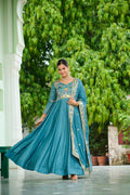 Ruvani Sky Blue Vichitra Silk Sequins Multi Thread Zari Embroidered Gown with Dupatta