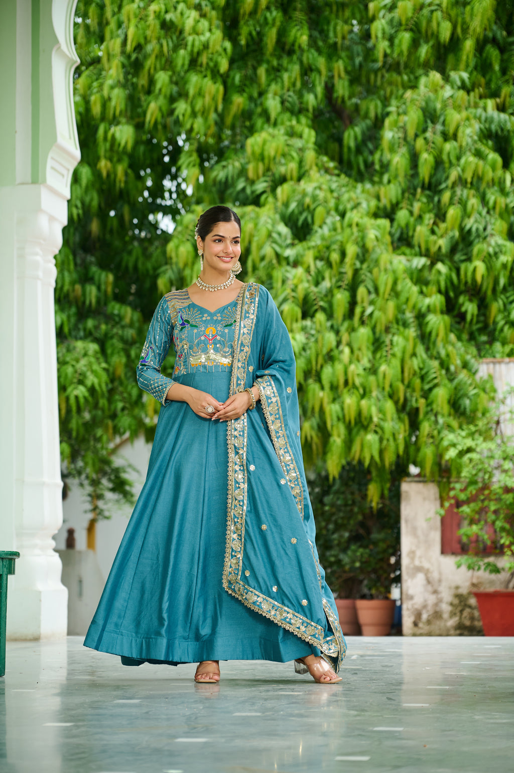 Ruvani Sky Blue Vichitra Silk Sequins Multi Thread Zari Embroidered Gown with Dupatta