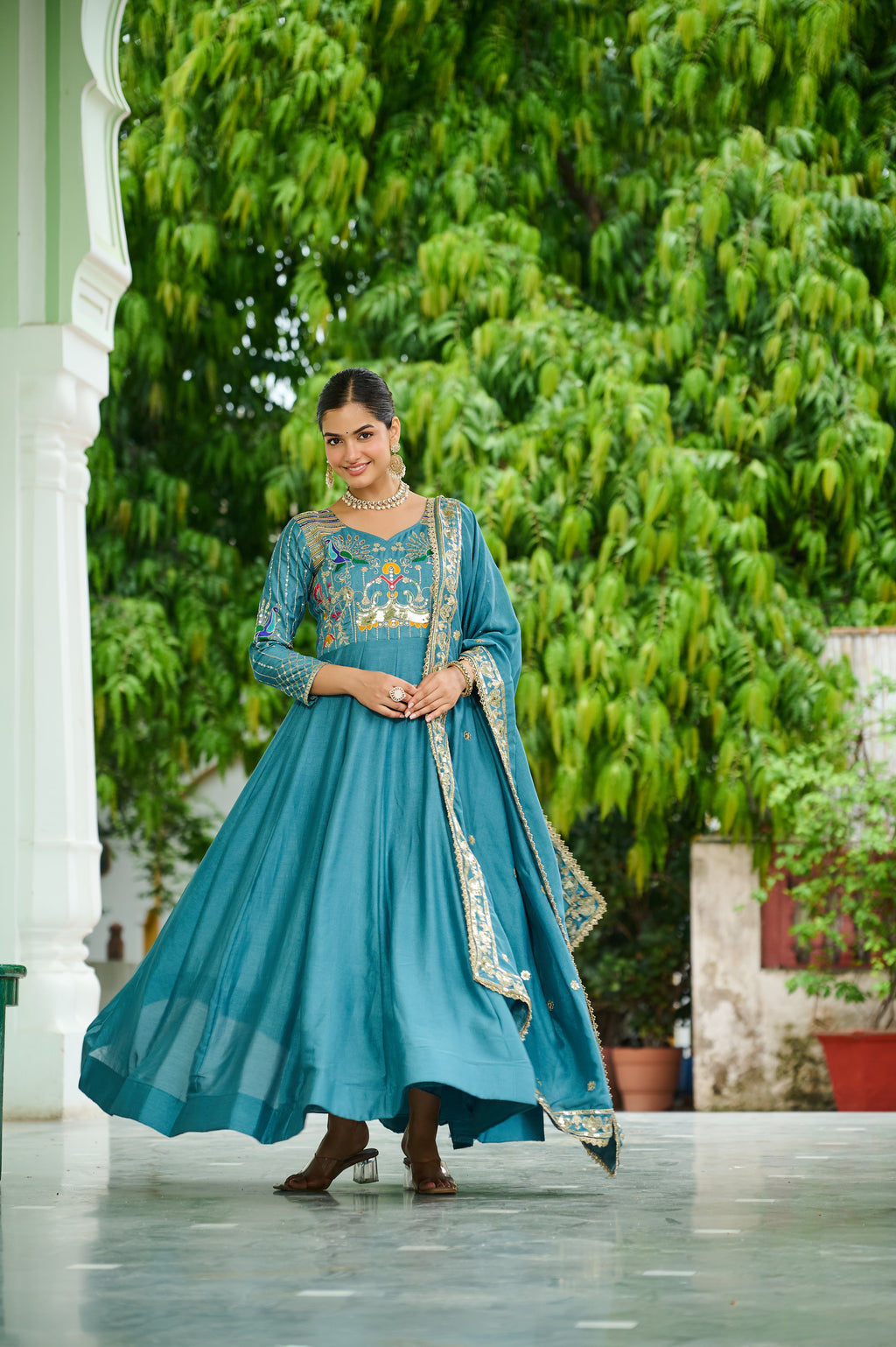 Ruvani Sky Blue Vichitra Silk Sequins Multi Thread Zari Embroidered Gown with Dupatta