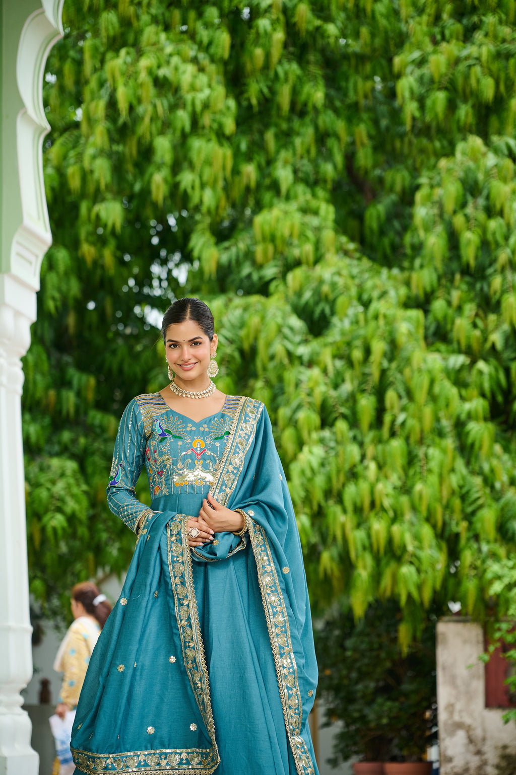 Ruvani Sky Blue Vichitra Silk Sequins Multi Thread Zari Embroidered Gown with Dupatta