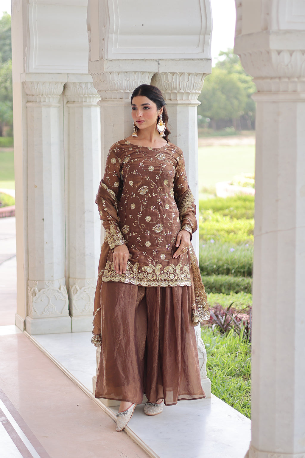 Nura coffee brown Fendy silk kurti sharara set with rich sequins embroidered work