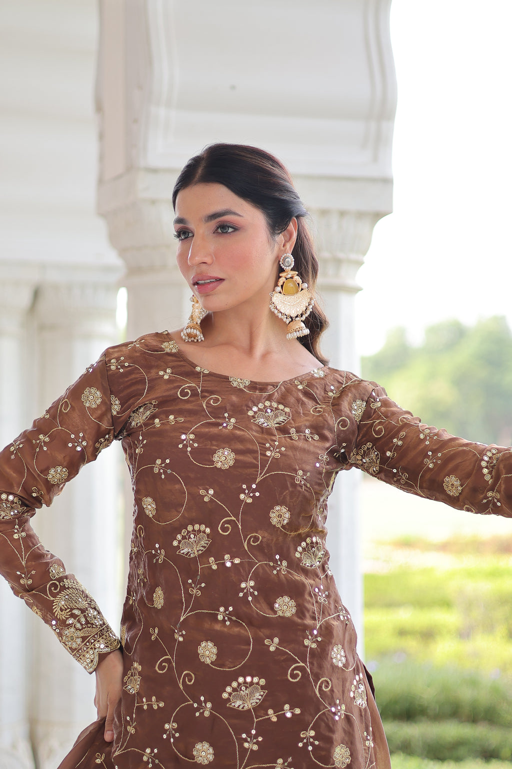 Nura coffee brown Fendy silk kurti sharara set with rich sequins embroidered work