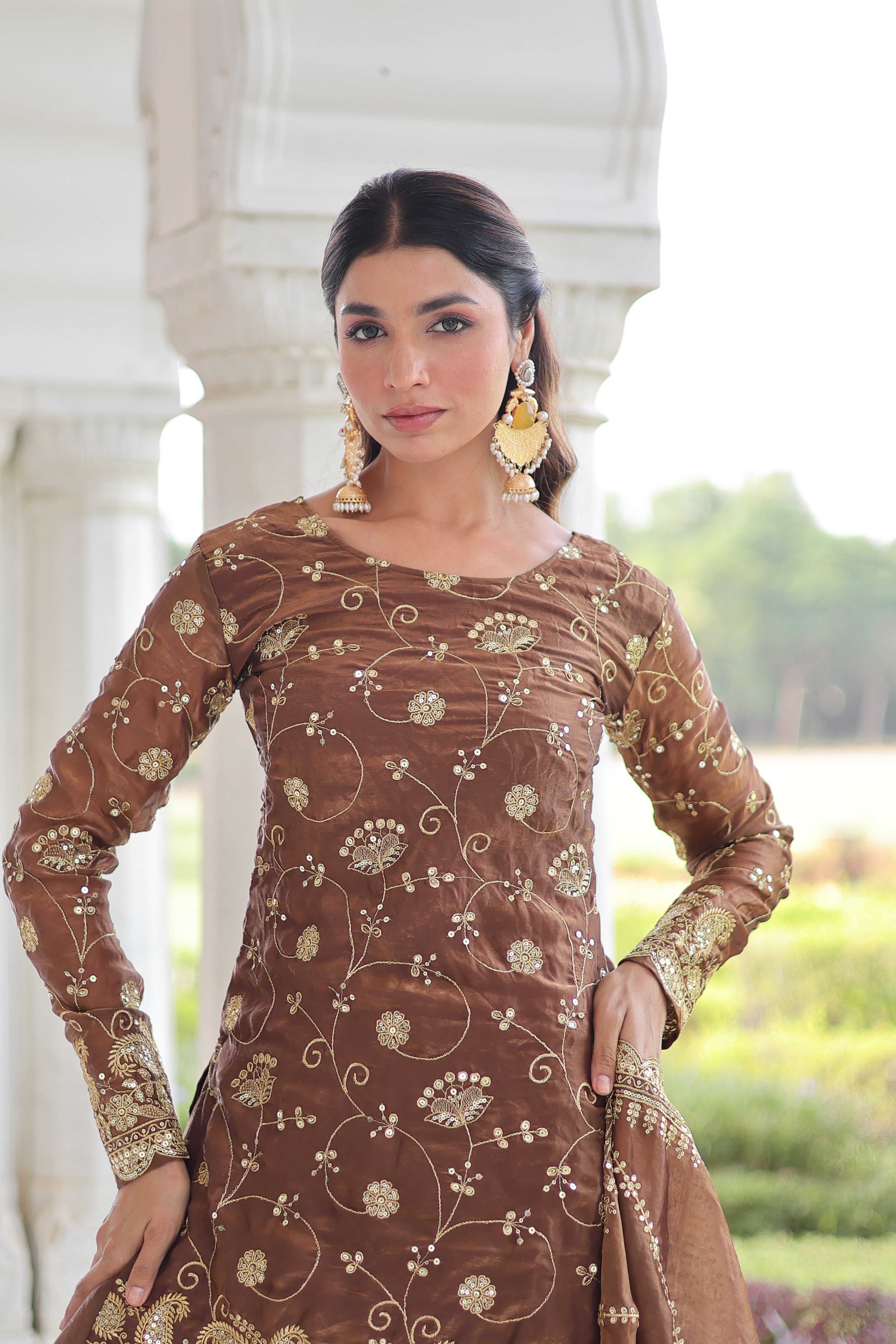 Nura coffee brown Fendy silk kurti sharara set with rich sequins embroidered work
