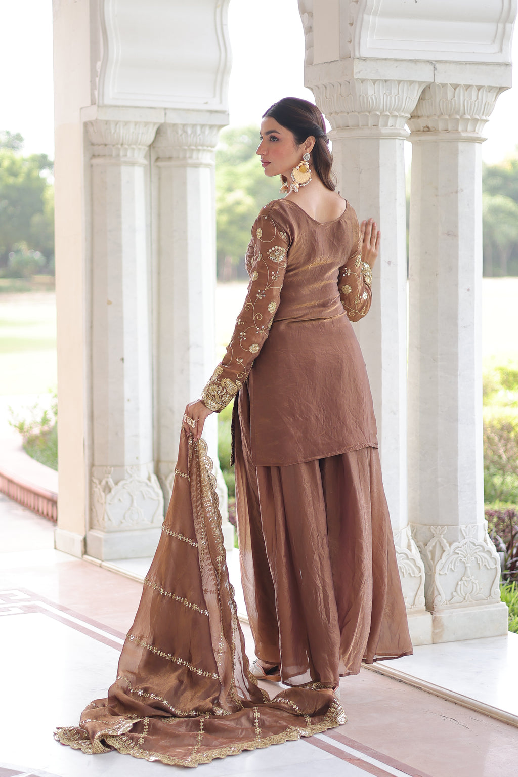 Nura coffee brown Fendy silk kurti sharara set with rich sequins embroidered work