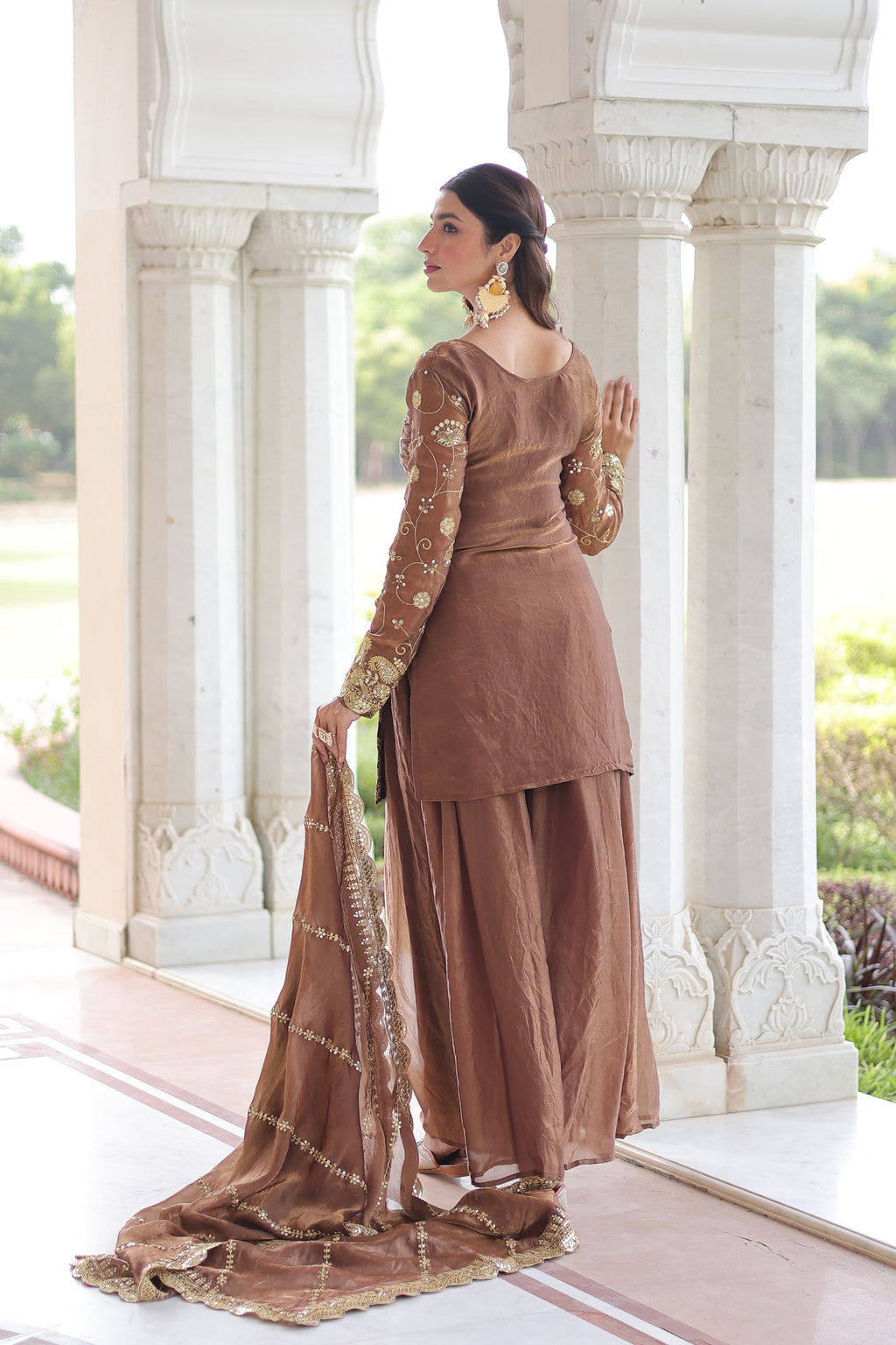 Nura coffee brown Fendy silk kurti sharara set with rich sequins embroidered work