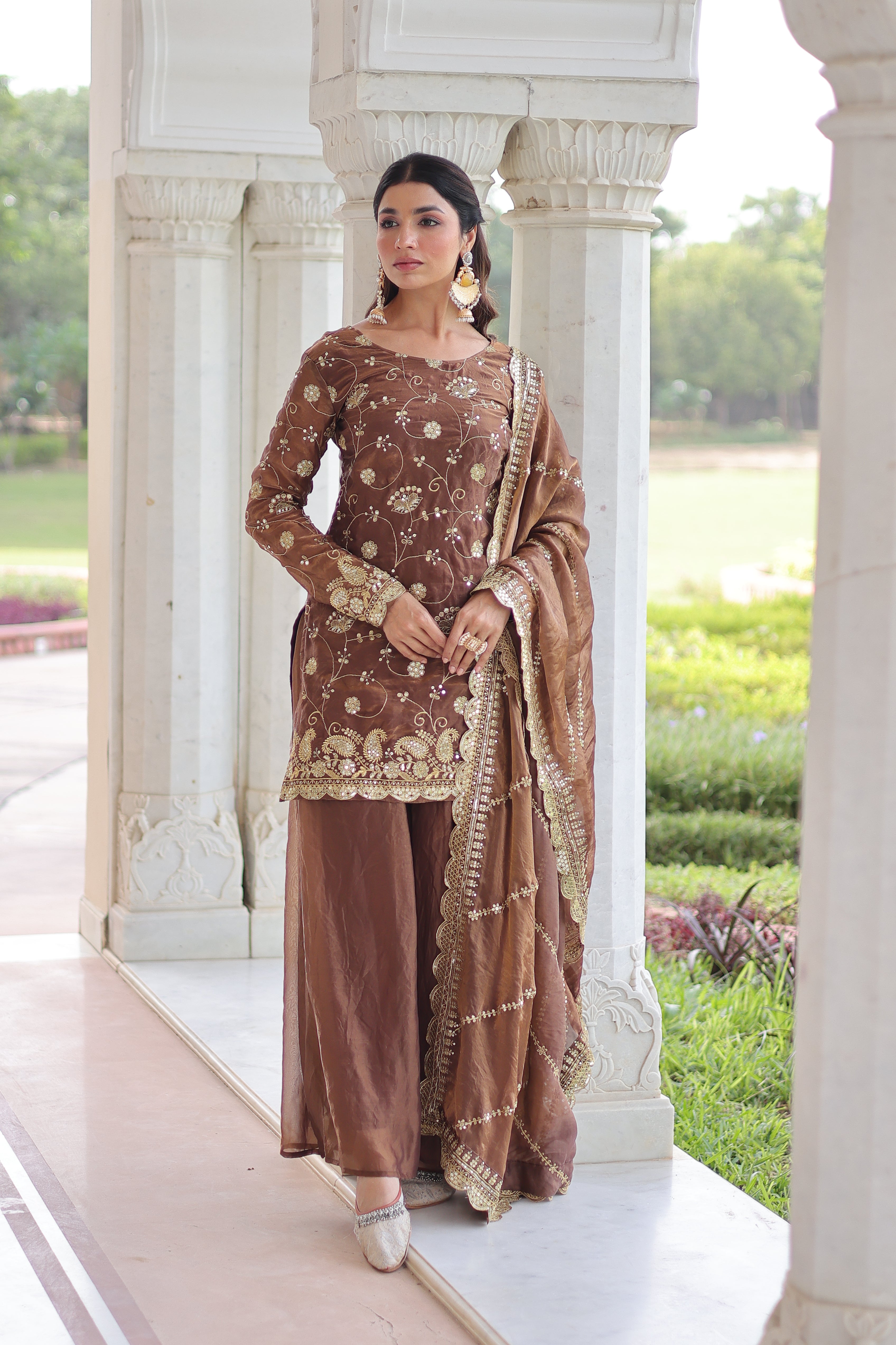 Nura coffee brown Fendy silk kurti sharara set with rich sequins embroidered work