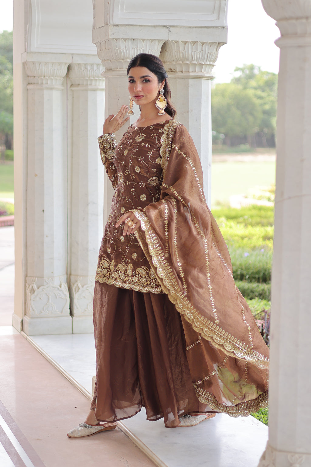 Nura coffee brown Fendy silk kurti sharara set with rich sequins embroidered work