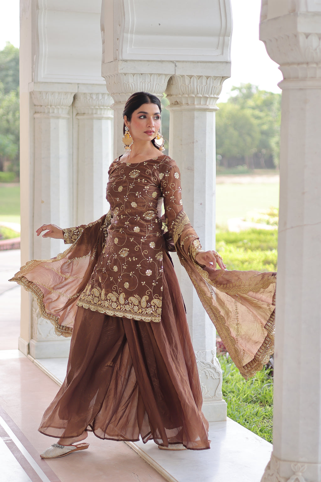 Nura coffee brown Fendy silk kurti sharara set with rich sequins embroidered work