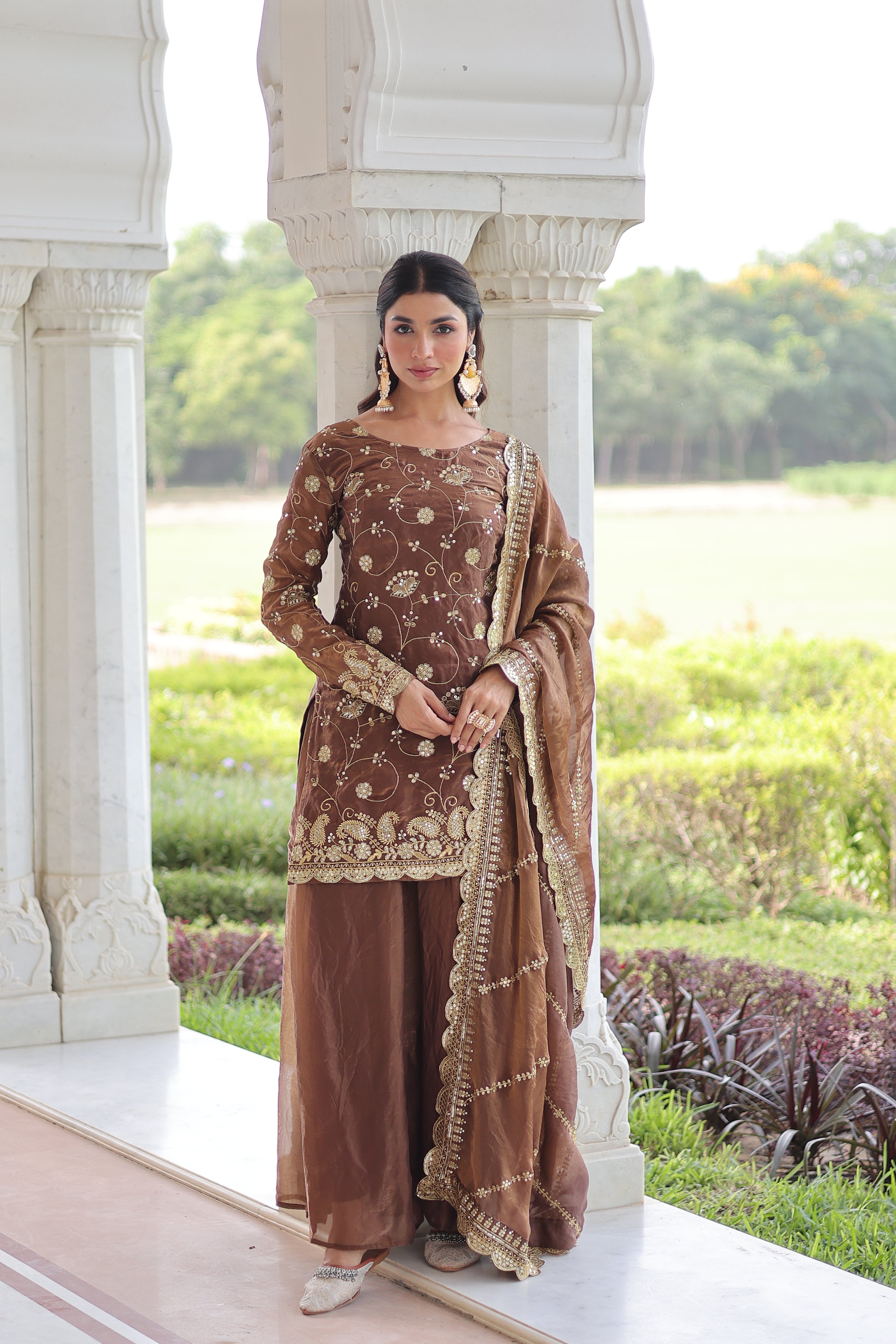 Nura Coffee Brown Fendy Silk Rich Sequins Embroidered Work Kurti Shara