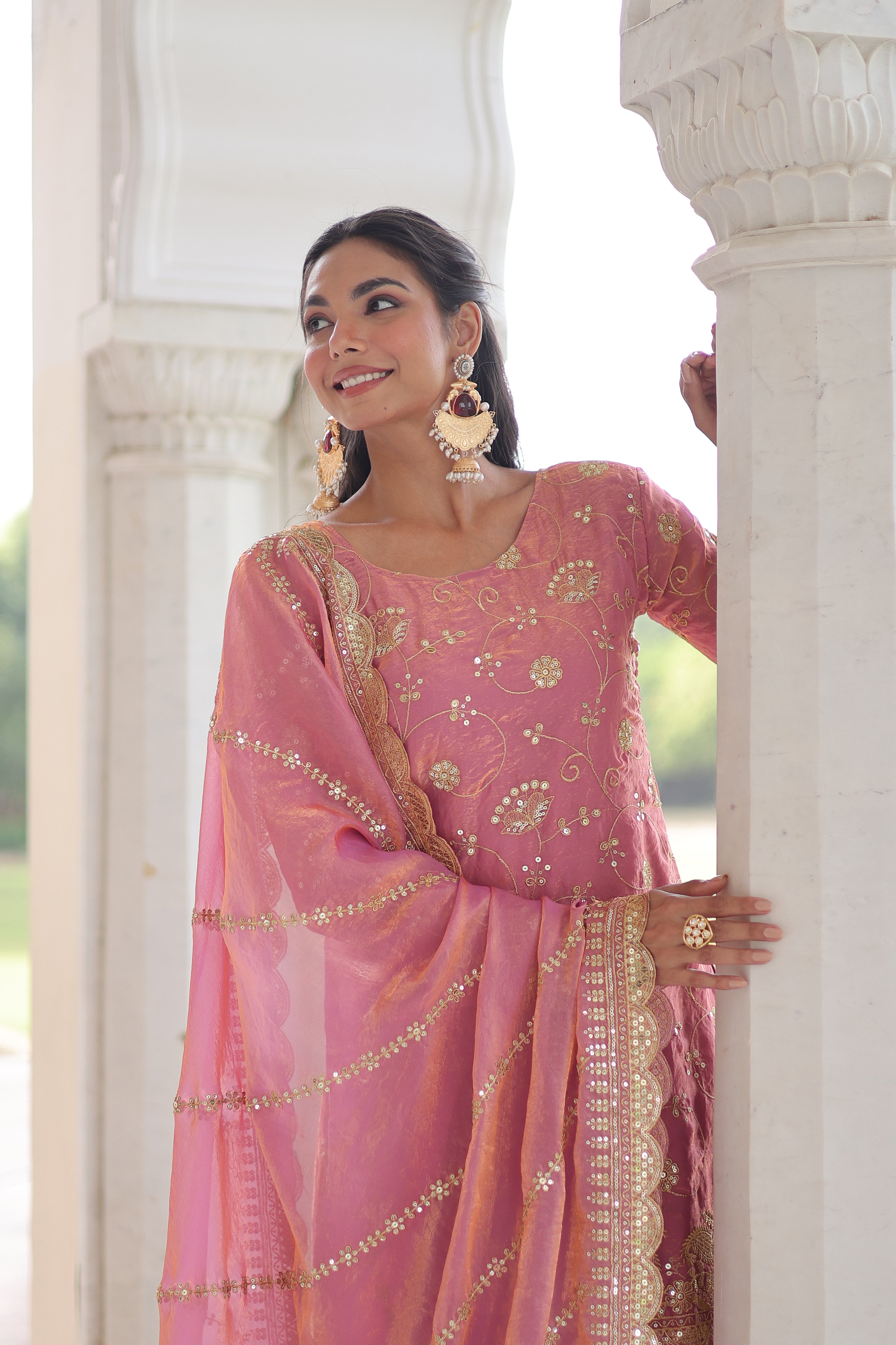 Nura Pink Color Fendy Silk Rich Sequins Embroidered Work Kurti Sharara Set