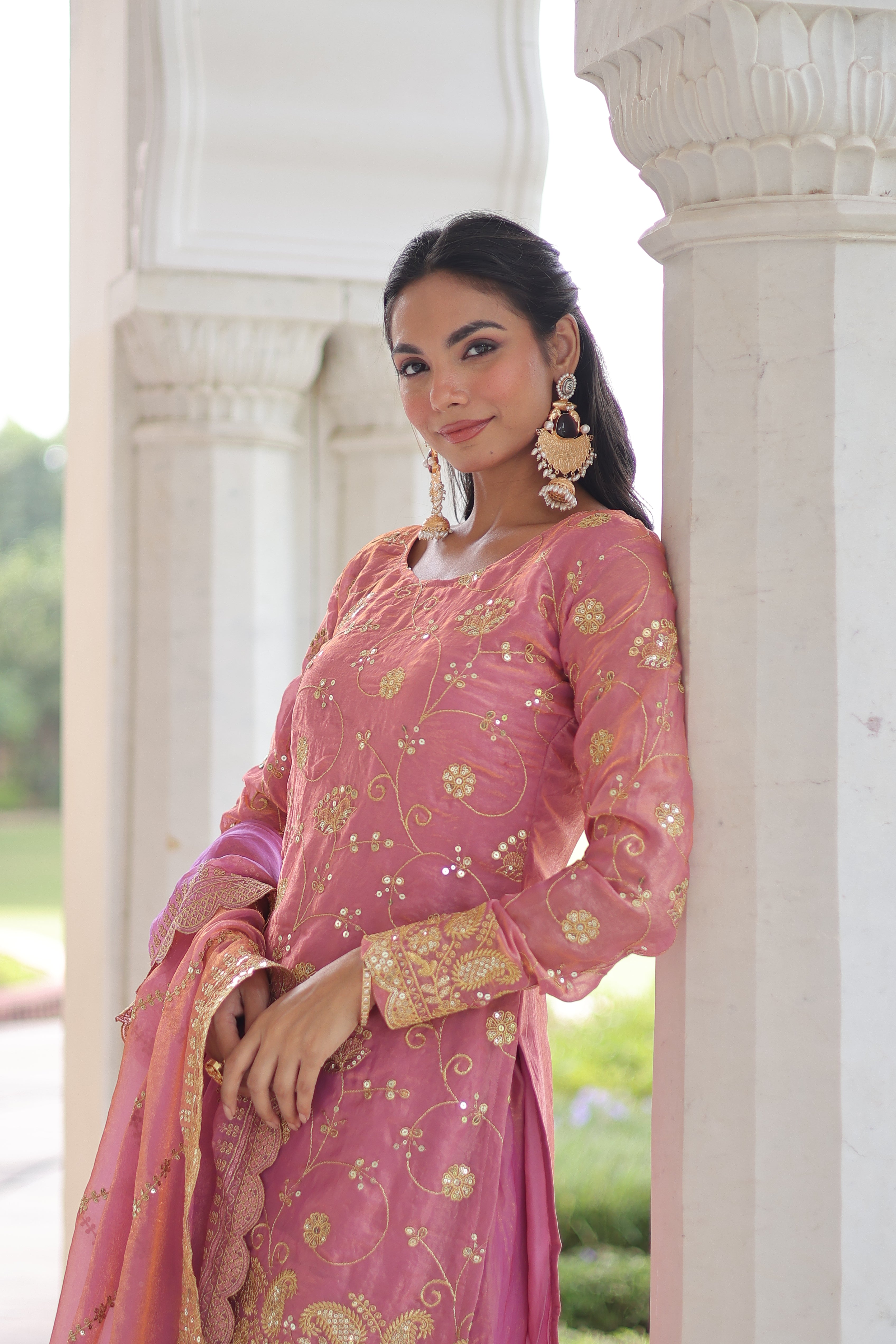 Nura Pink Color Fendy Silk Rich Sequins Embroidered Work Kurti Sharara Set