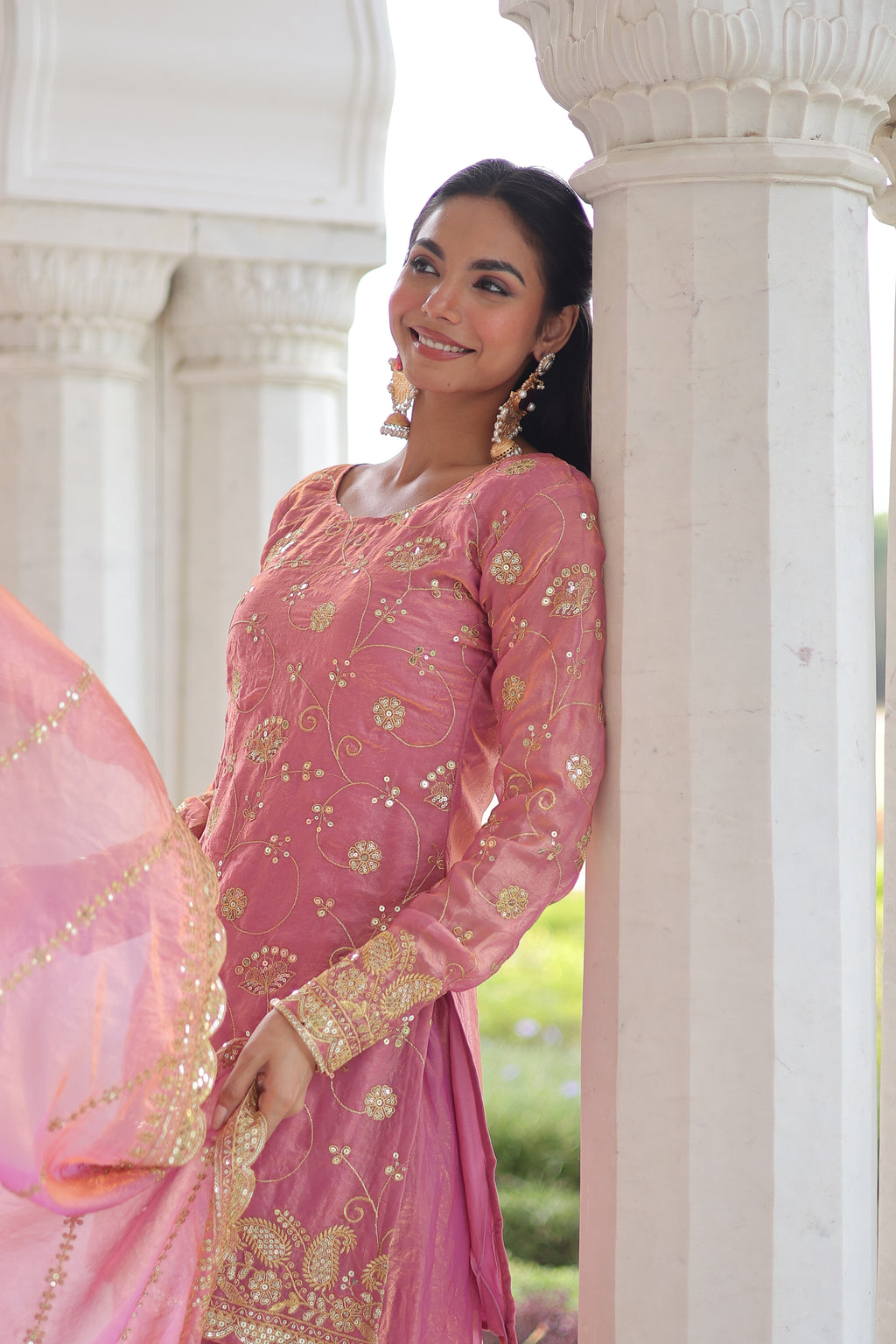 Nura Pink Color Fendy Silk Rich Sequins Embroidered Work Kurti Sharara Set