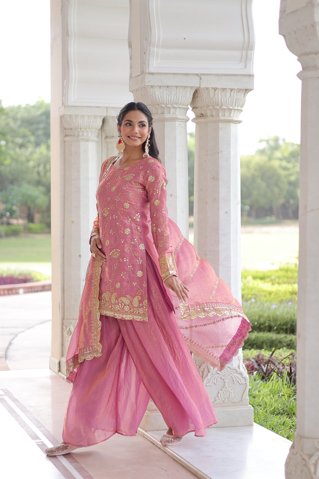 Nura Pink Color Fendy Silk Rich Sequins Embroidered Work Kurti Sharara Set