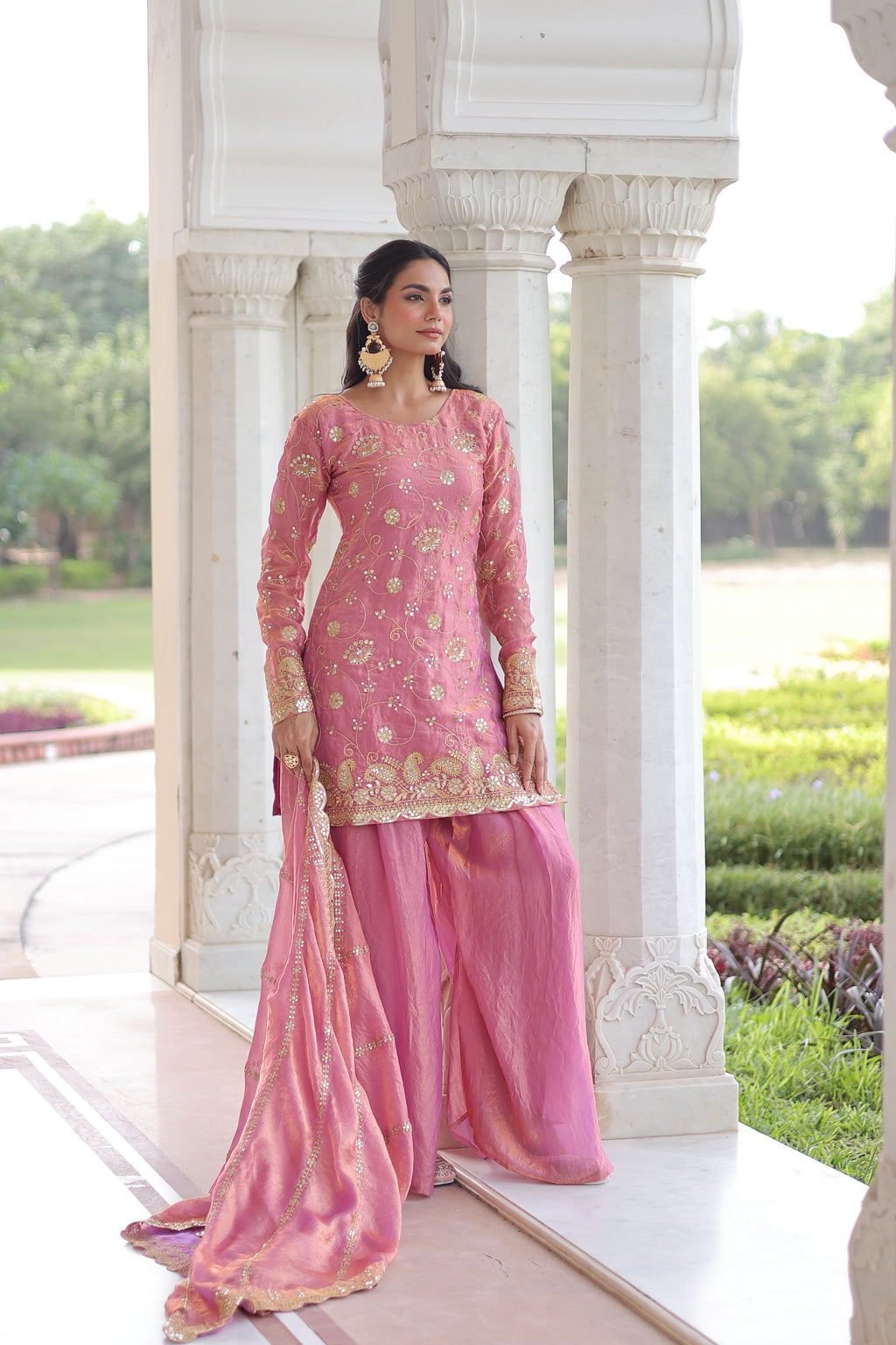 Nura Pink Color Fendy Silk Rich Sequins Embroidered Work Kurti Sharara Set