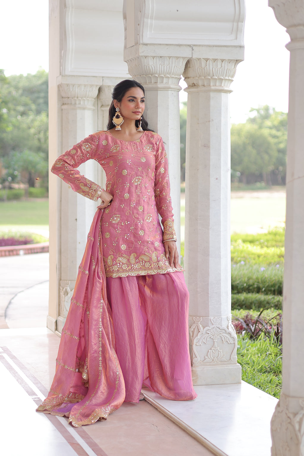 Nura Pink Color Fendy Silk Rich Sequins Embroidered Work Kurti Sharara Set