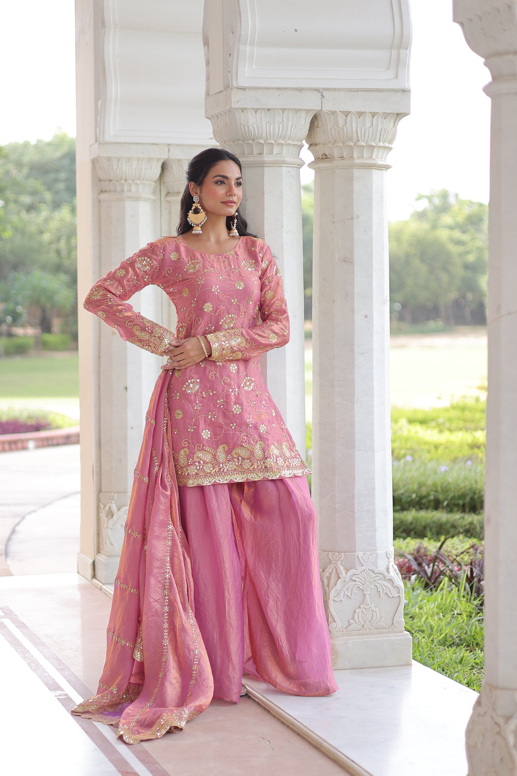 Nura Pink Color Fendy Silk Rich Sequins Embroidered Work Kurti Sharara Set