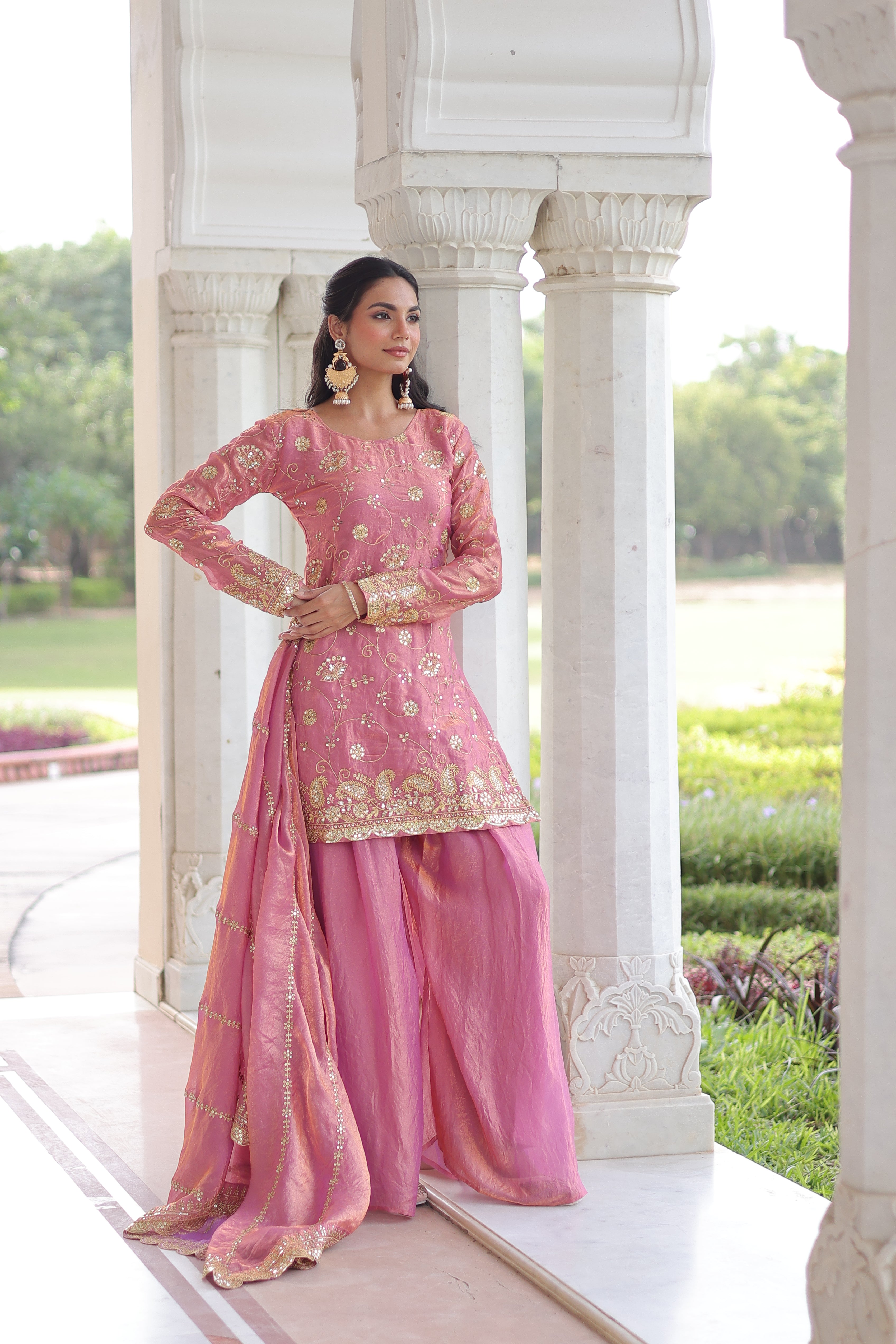 Nura Pink Color Fendy Silk Rich Sequins Embroidered Work Kurti Sharara Set