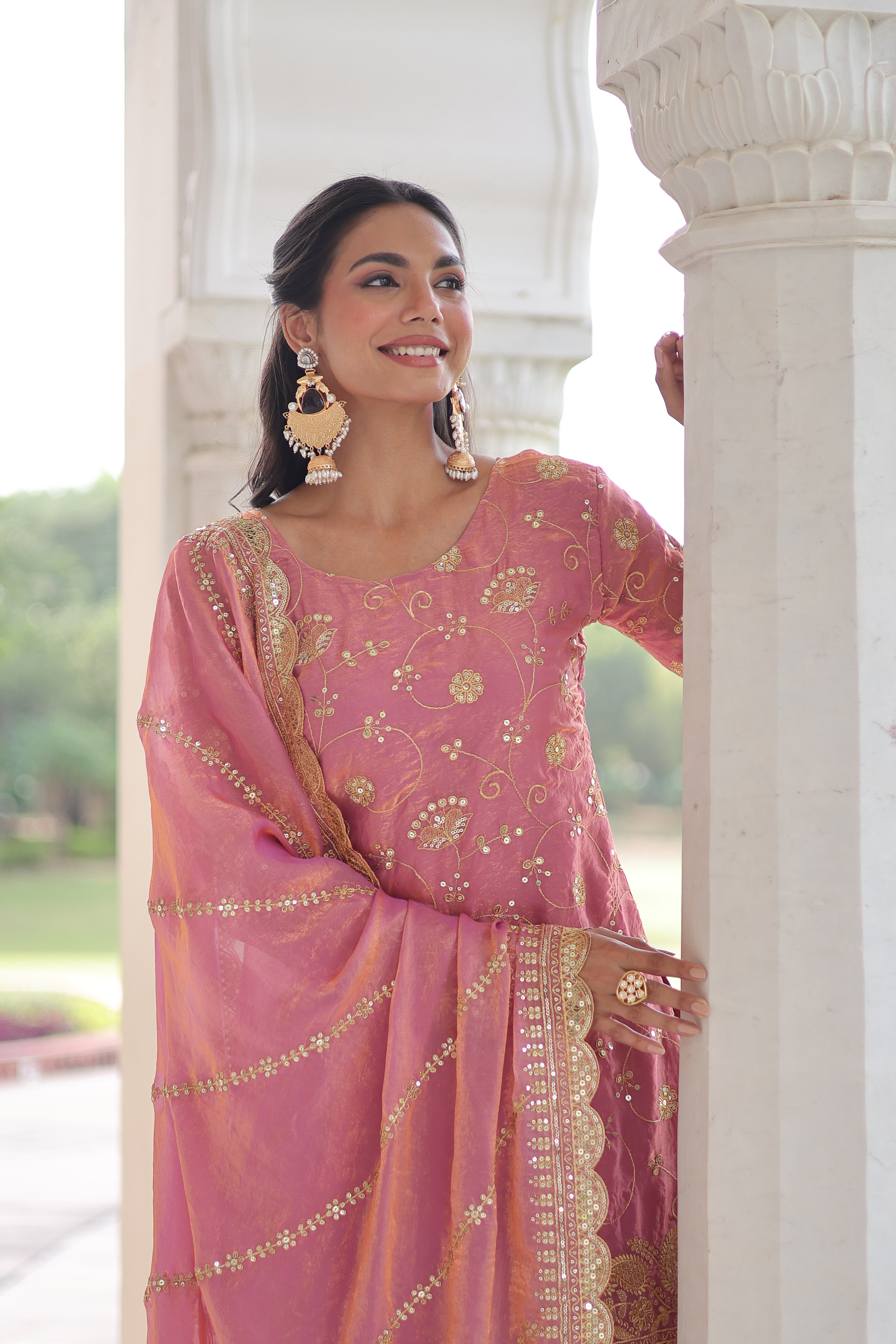 Nura Pink Color Fendy Silk Rich Sequins Embroidered Work Kurti Sharara Set