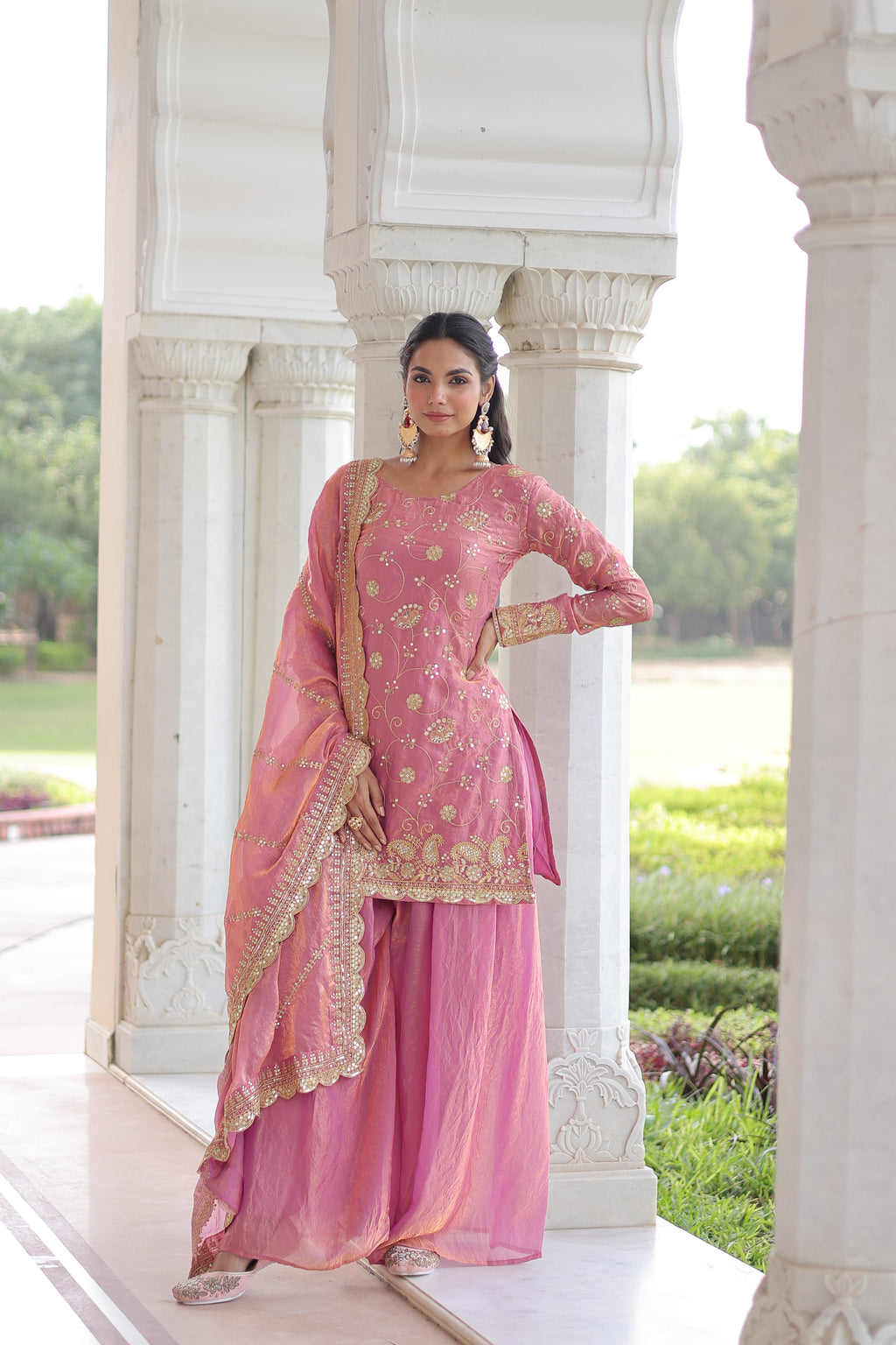 Nura Pink Color Fendy Silk Rich Sequins Embroidered Work Kurti Sharara Set