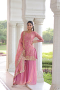 Nura Pink Color Fendy Silk Rich Sequins Embroidered Work Kurti Sharara Set