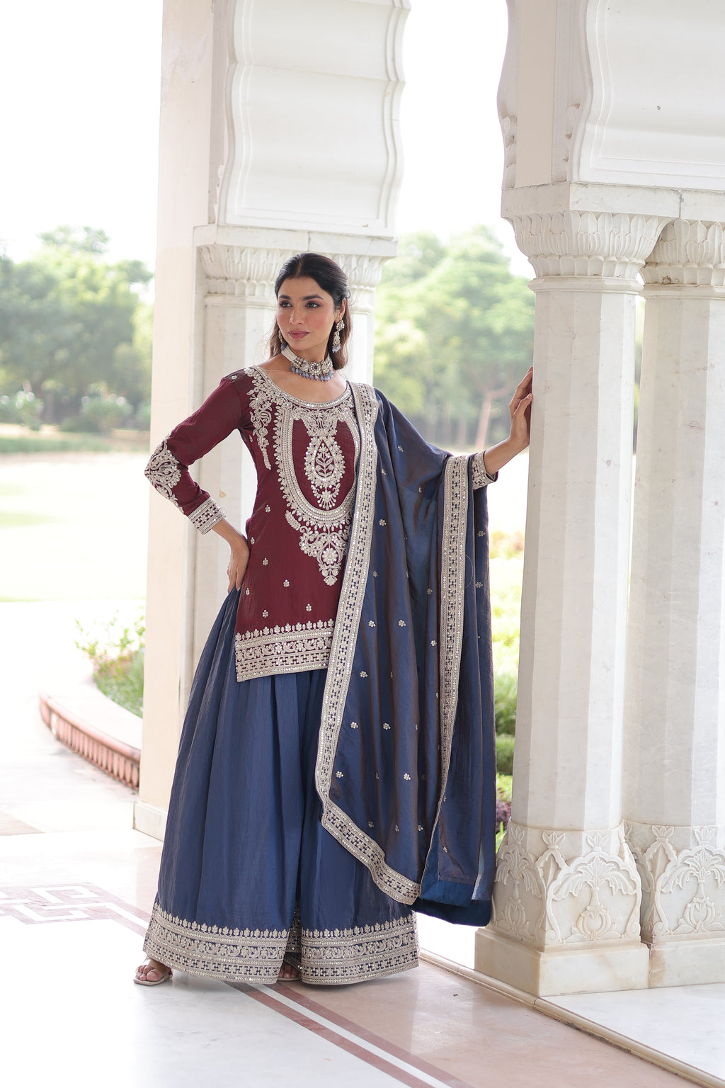 Vyara maroon silk kurti sharara set with sequins codding embroidery